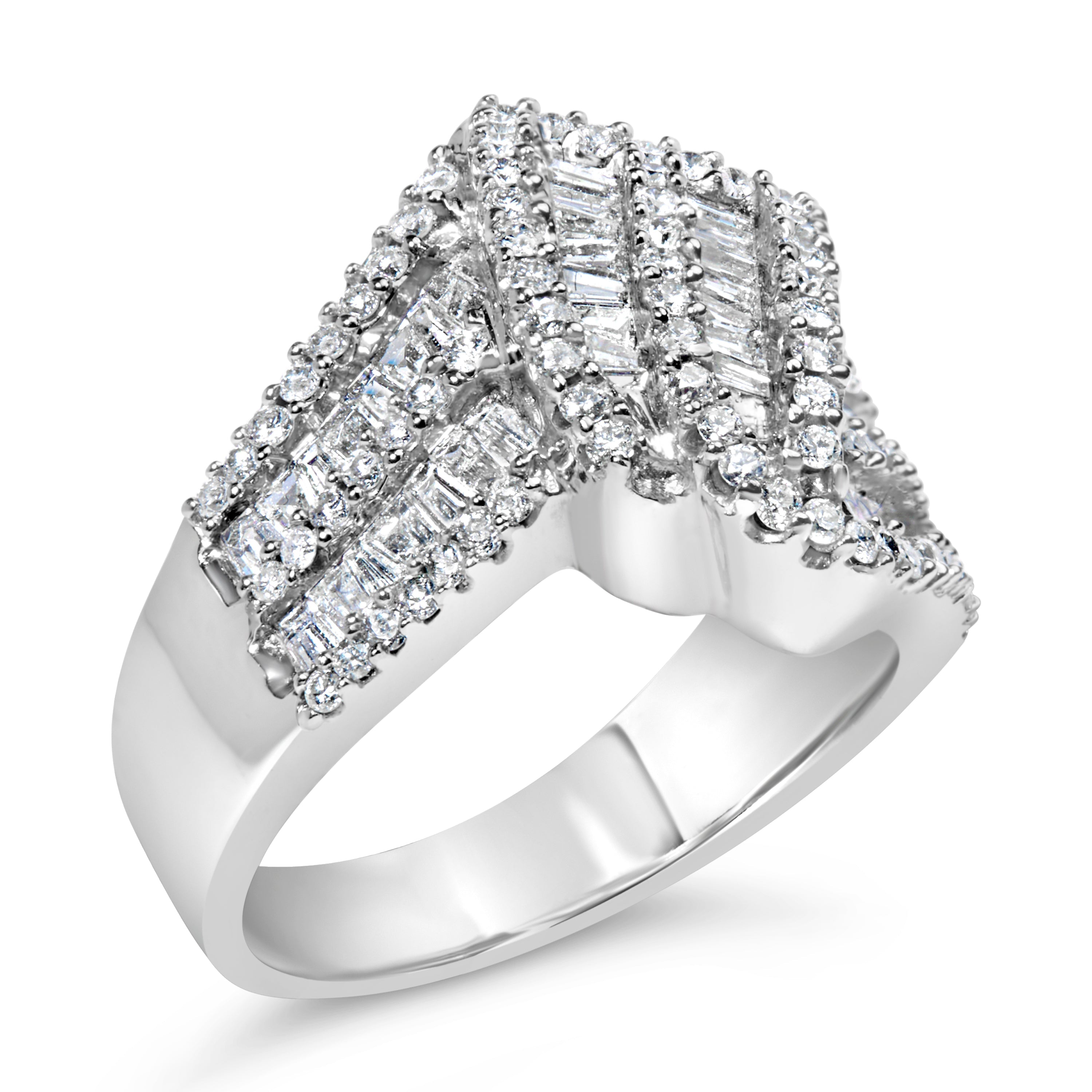 14K White Gold 1-1/2 Cttw Round and Baguette Diamond Bypass Cocktail Ring Band H-I Color, SI1-SI2 Clarity - Size 7 on sale at MyriadMart