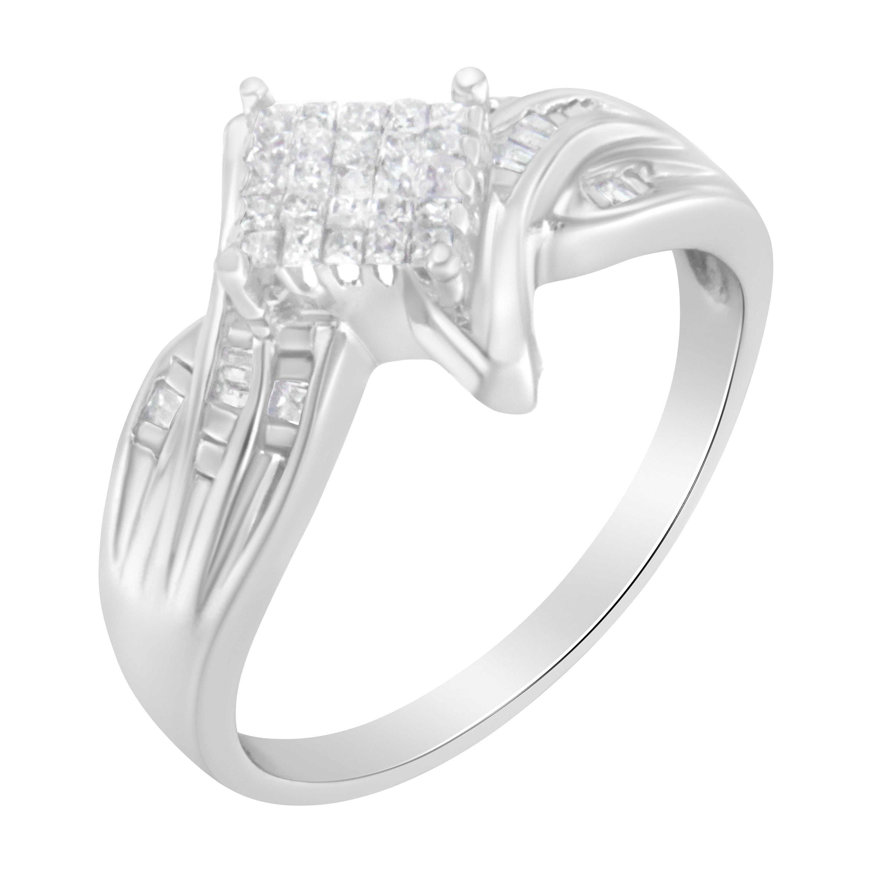 10K White Gold 1/3 Cttw Princess and Baguette Cut Diamond Bypass Style Cocktail Ring I-J Color, I1-I2 Clarity - Size 4 on sale at MyriadMart