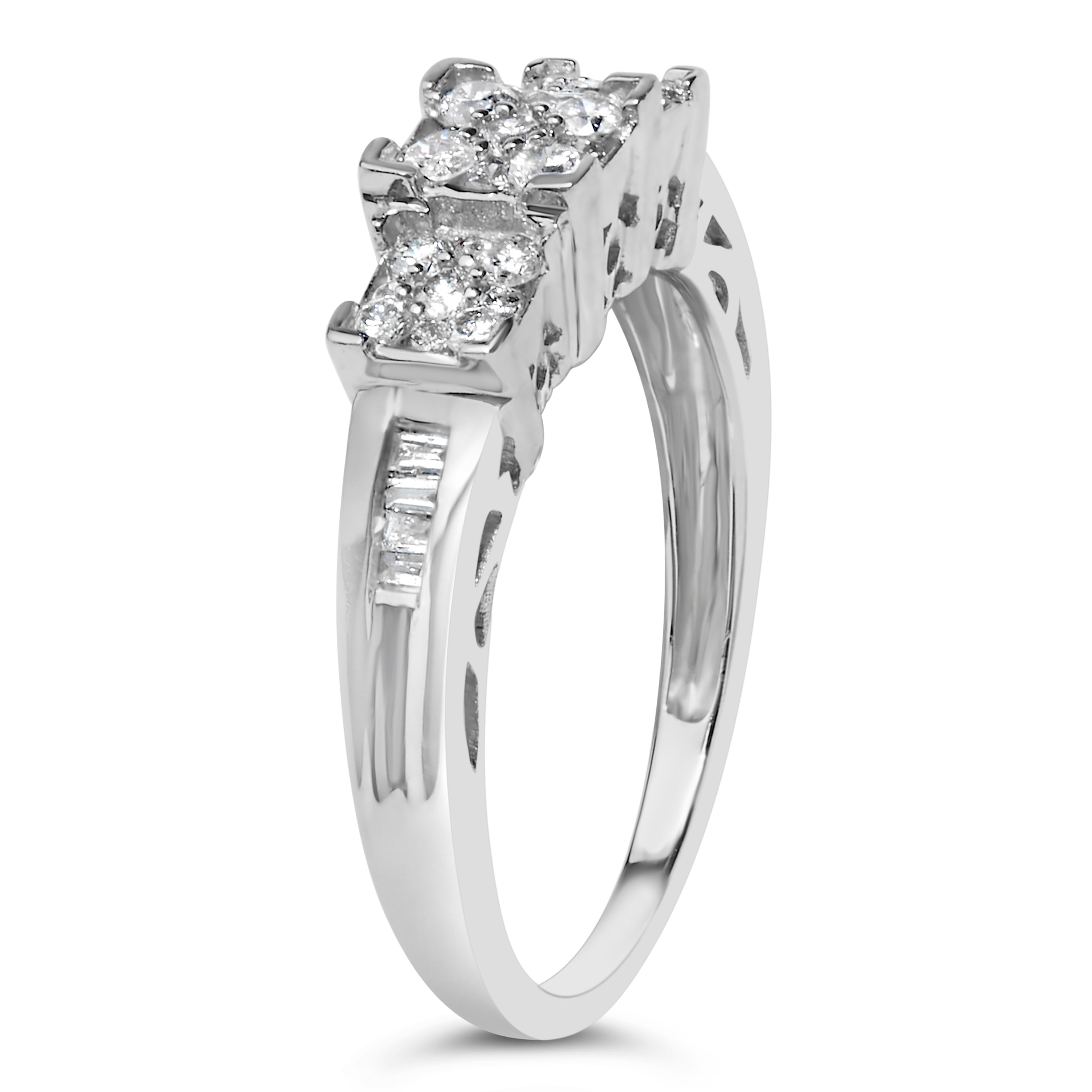 10K White Gold 1/2 Cttw Brilliant & Baguette Cut Diamond 3 Stone Design with 3 Square Clusters Engagement Ring H-I Color, SI2-I1 Clarity - Size 6-3/4 on sale at MyriadMart