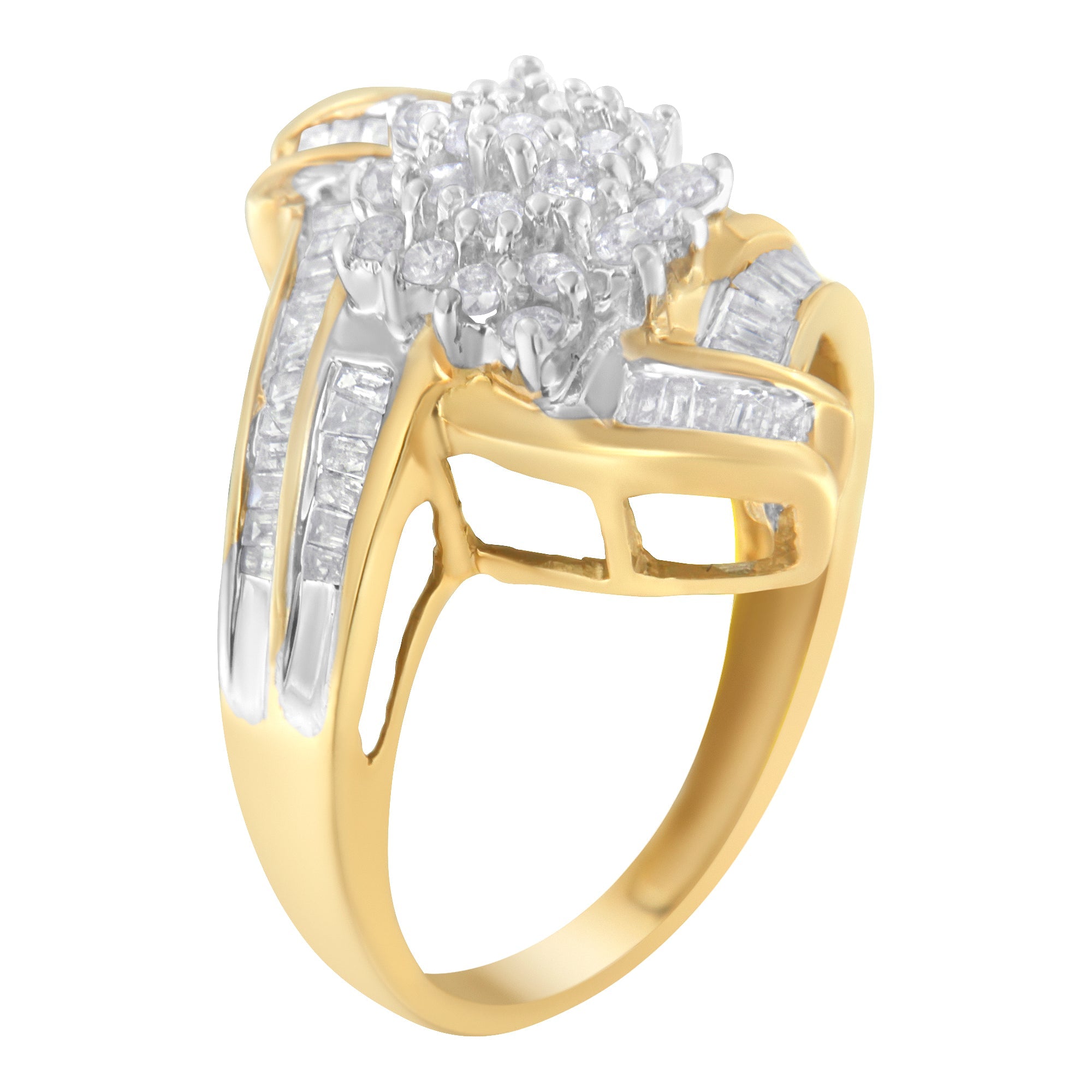 10K Yellow Gold Round and Baguette-Cut Diamond Bypass Cluster Ring 1.0 Cttw, I-J Color, I1-I2 Clarity - Size 8 on sale at MyriadMart