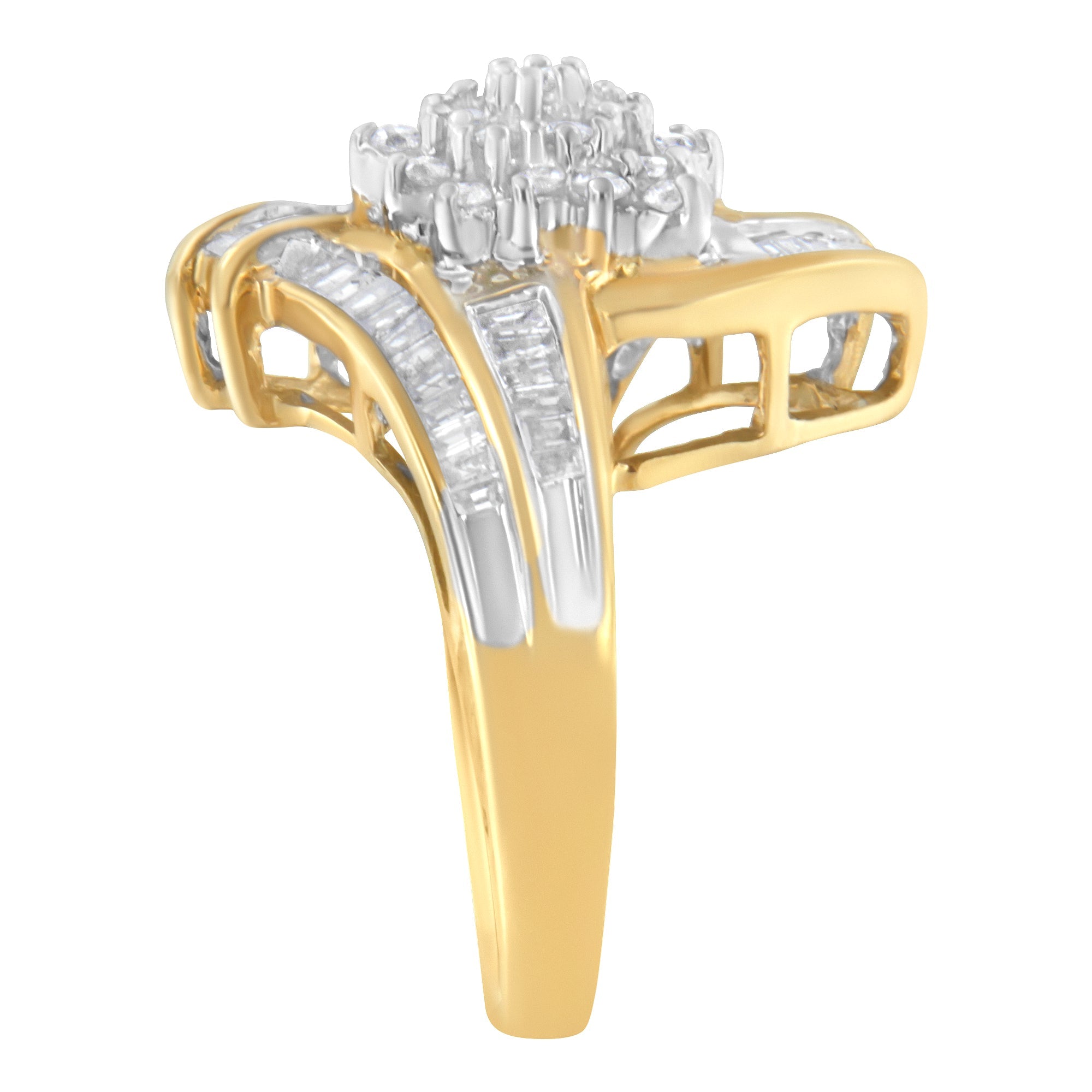 10K Yellow Gold Round and Baguette-Cut Diamond Bypass Cluster Ring 1.0 Cttw, I-J Color, I1-I2 Clarity - Size 8 on sale at MyriadMart