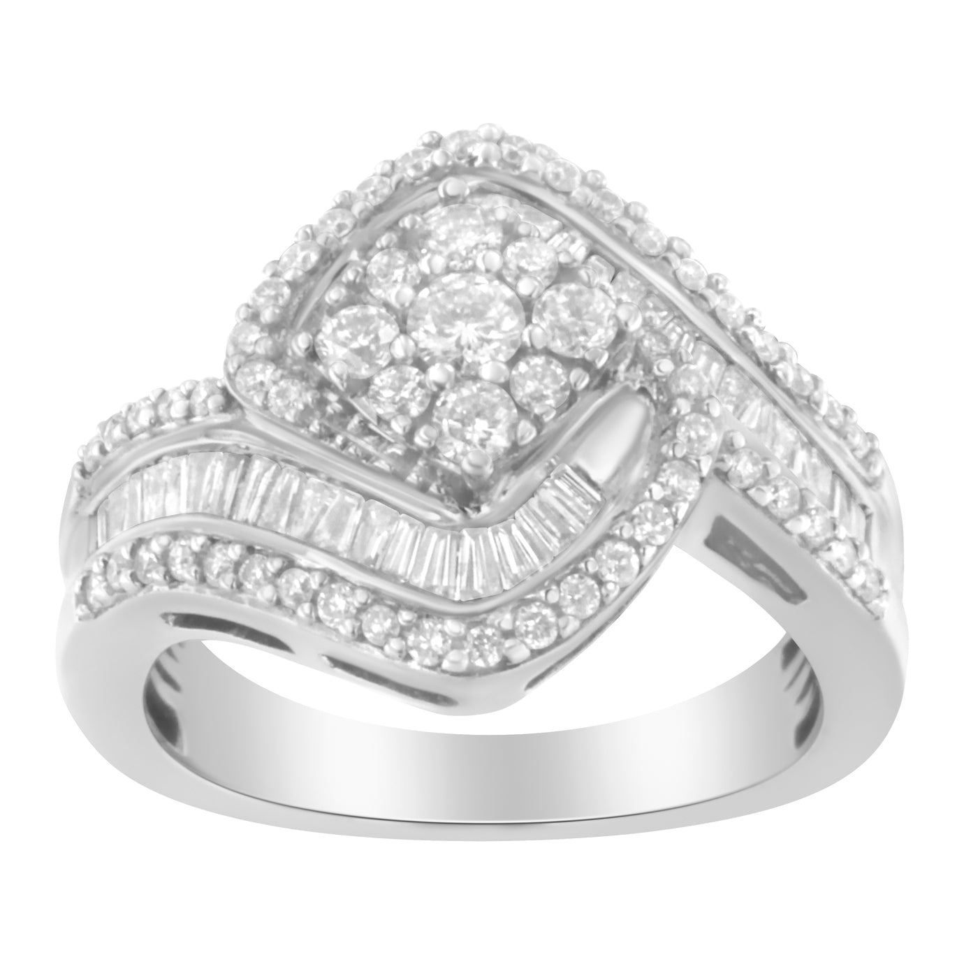 14K White Gold 1 Cttw Baguette and Round Diamond Floral Swirl Cluster Cocktail Ring on sale at MyriadMart
