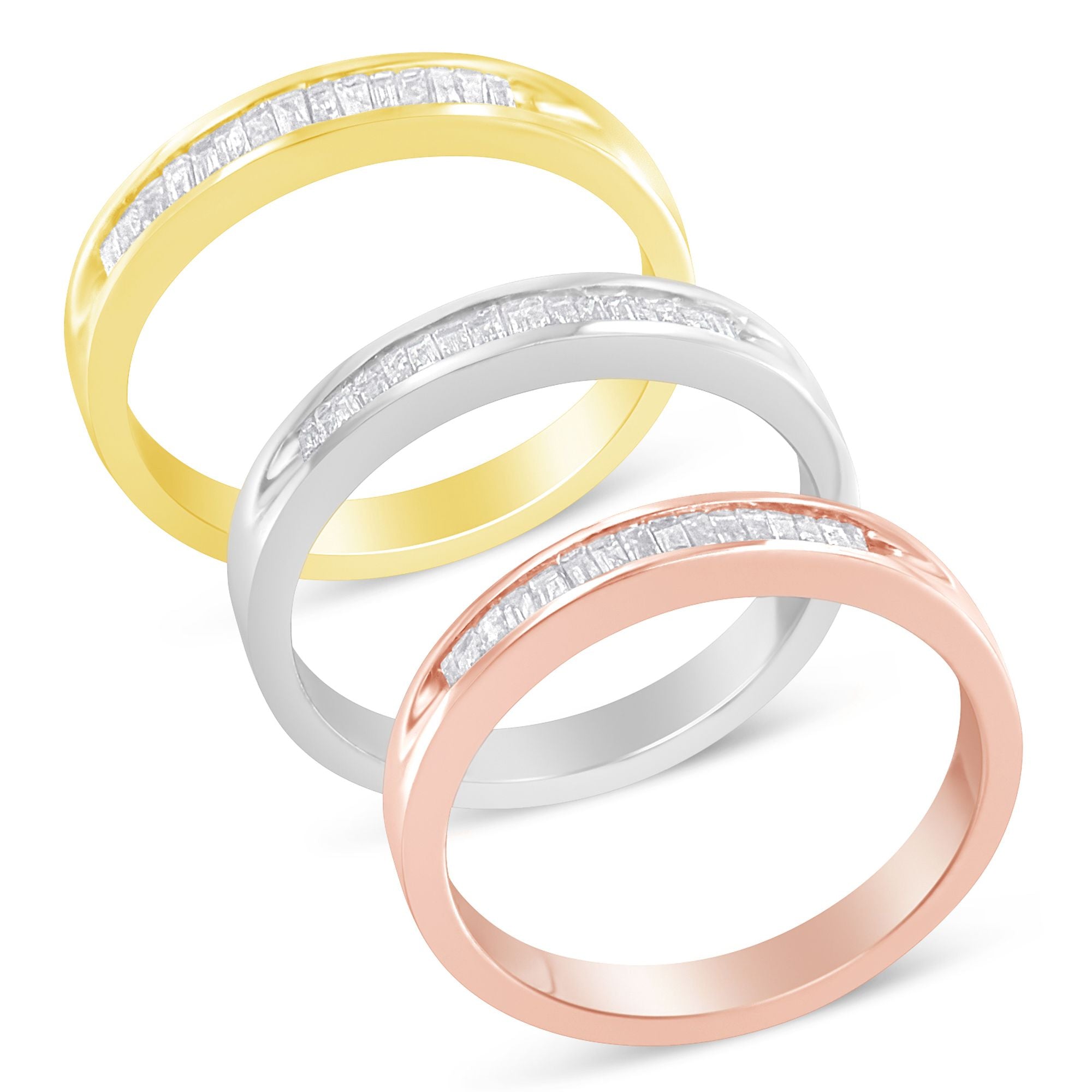 10K Yellow, White and Rose Gold over .925 Sterling Silver 5/8 Cttw Diamond Channel-Set Stackable Band Ring Set H-I Color, I1-I2 Clarity - Size 6 3/4 on sale at MyriadMart