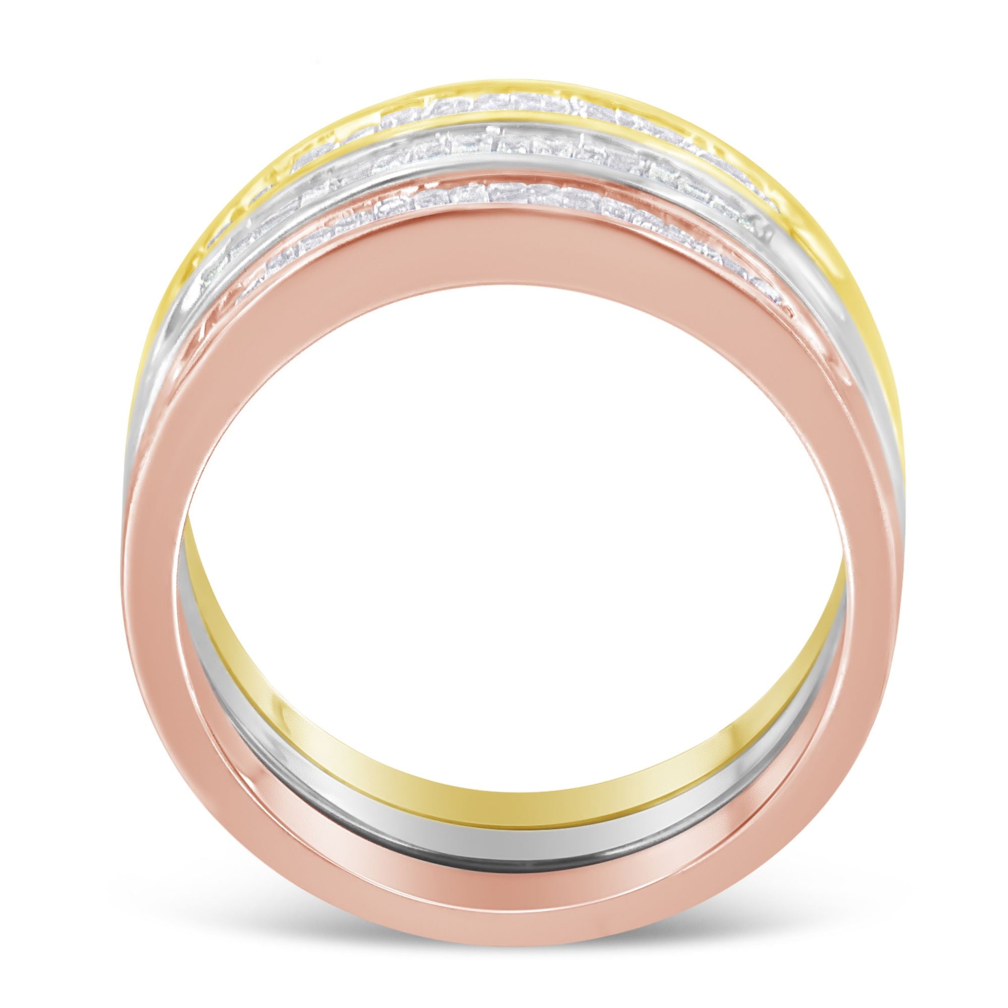 10K Yellow, White and Rose Gold over .925 Sterling Silver 5/8 Cttw Diamond Channel-Set Stackable Band Ring Set H-I Color, I1-I2 Clarity - Size 6 3/4 on sale at MyriadMart