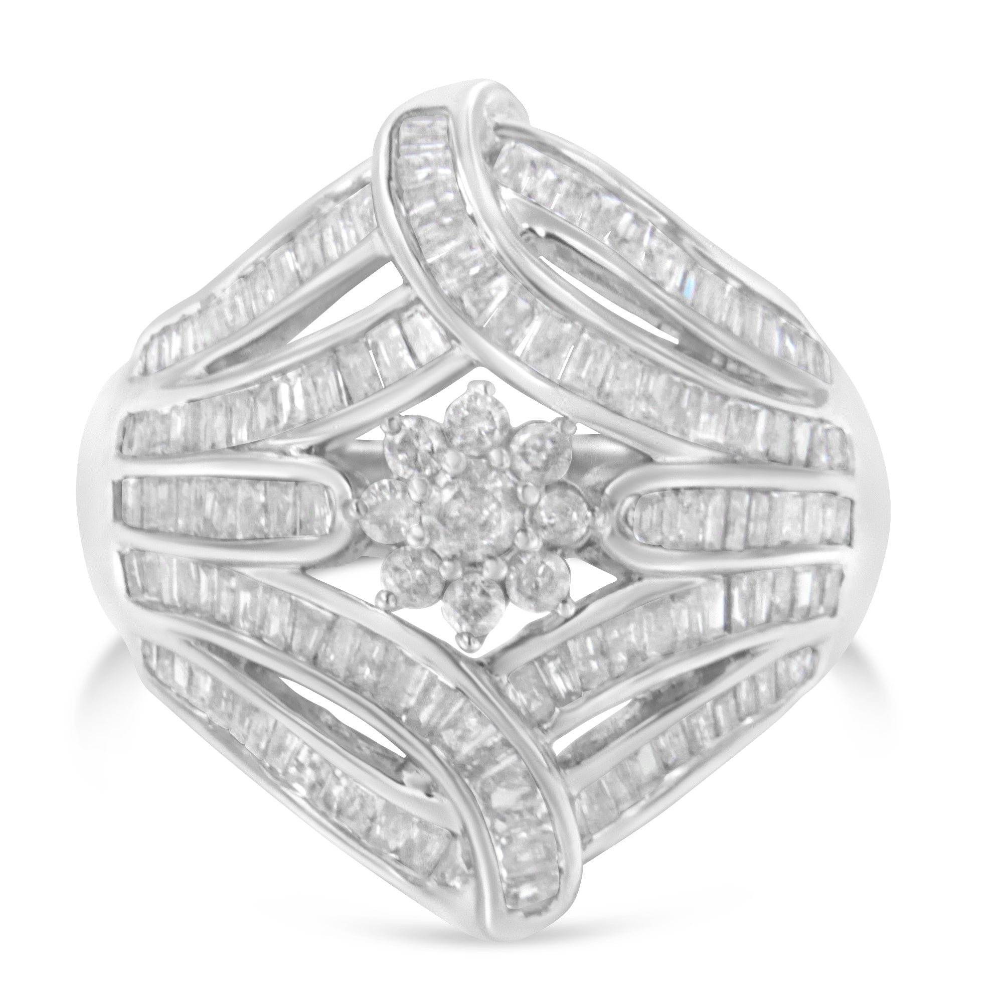 .925 Sterling Silver 1-1/8 Cttw Round & Baguette Diamond 'Flower & Fern' Cluster Cocktail Fashion Ring I-J Color, I2-I3 Clarity - Size 6 on sale at MyriadMart