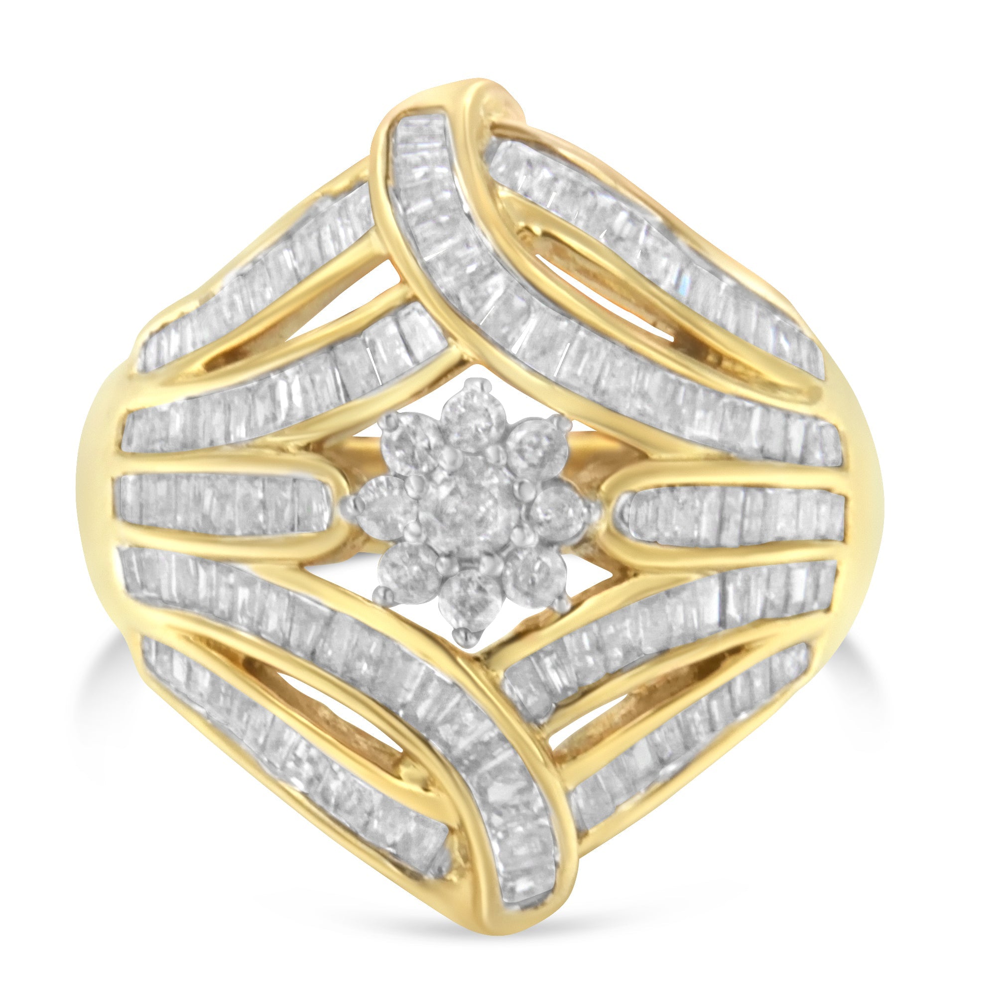 10K Yellow Gold Flashed .925 Sterling Silver 1-1/8 Cttw Round & Baguette Diamond 'Flower & Fern' Cluster Cocktail Fashion Ring I-J Color, I2-I3 Clarity - Size 6 on sale at MyriadMart