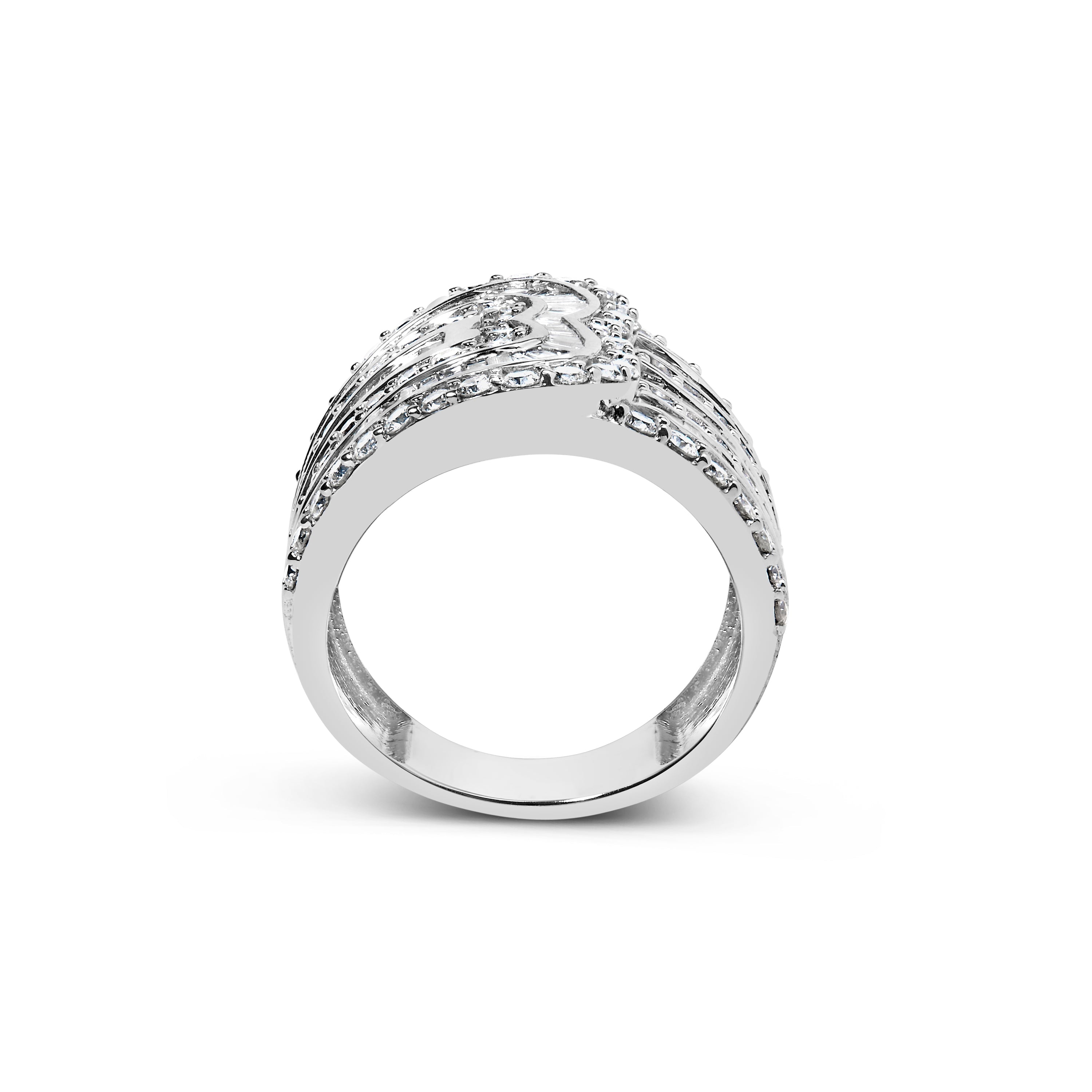 10K White Gold 2 1/2 Cttw Round and Baguette-Cut Diamond Multi-Row Bypass Ring J-K Color, I2-I3 Clarity - Ring Size 7 on sale at MyriadMart