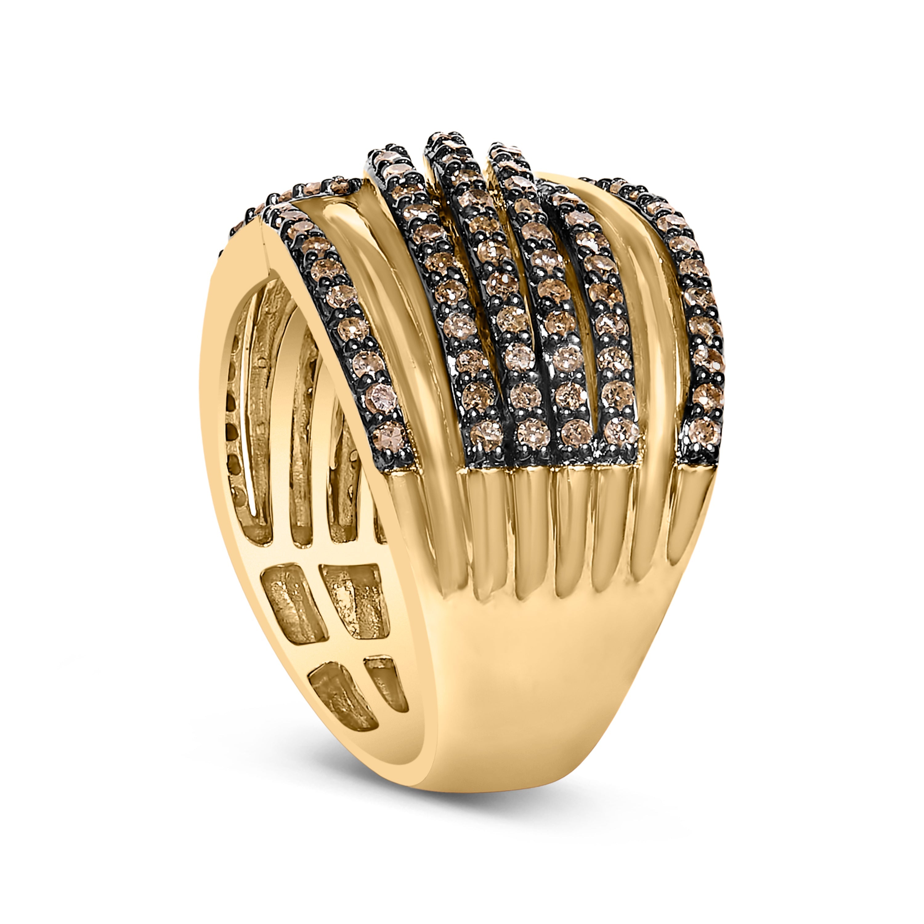 10K Yellow Gold Plated .925 Sterling Silver 1.0 Cttw Champagne Diamond Multi Row Cross Over Band Ring - Size 7 on sale at MyriadMart