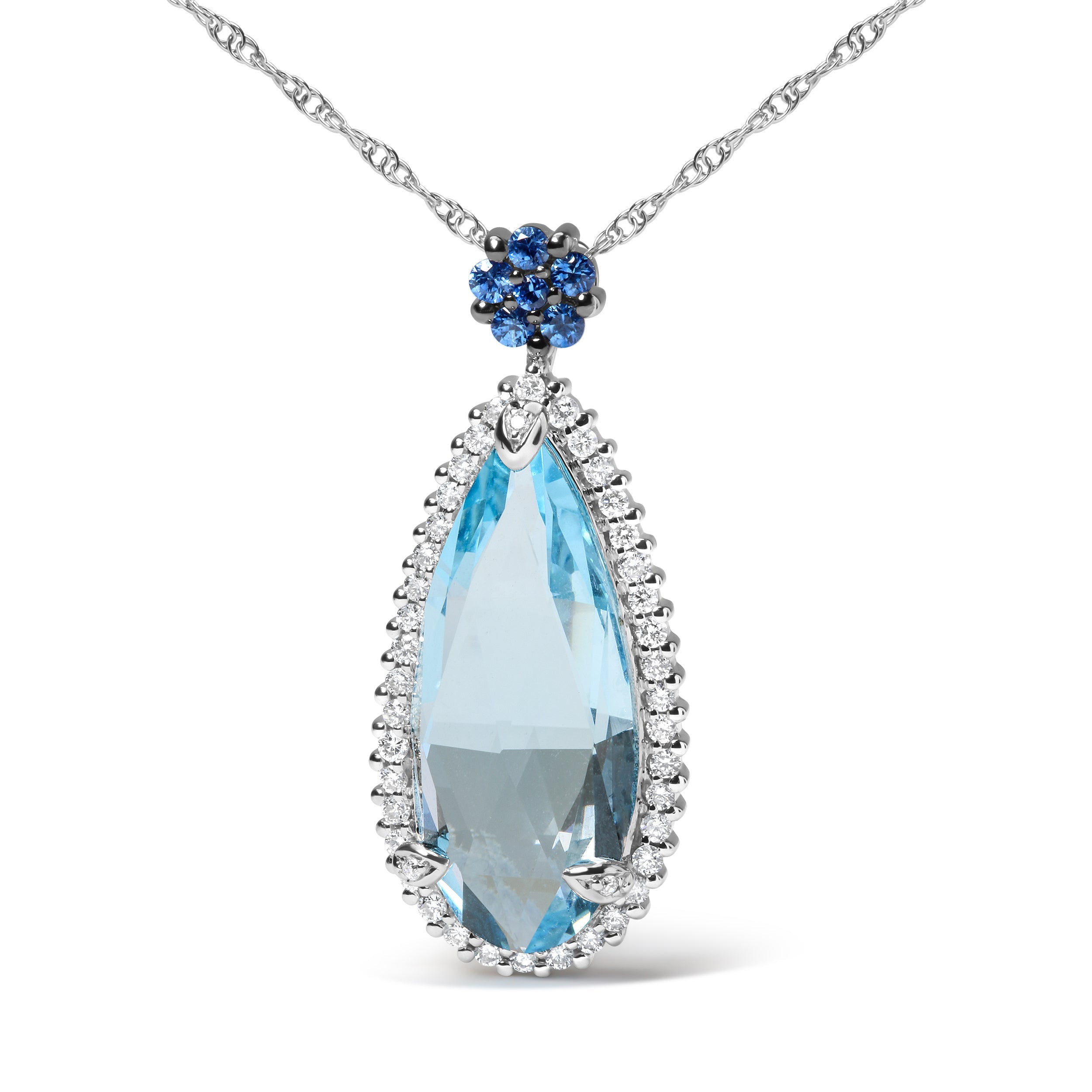 18K White Gold 3/8 Cttw Pave Set Diamond and Sky Blue Topaz and Blue Sapphire Gemstone Floral Teardrop Halo 18" Pendant Necklace G-H Color, SI2-I1 Clarity on sale at MyriadMart