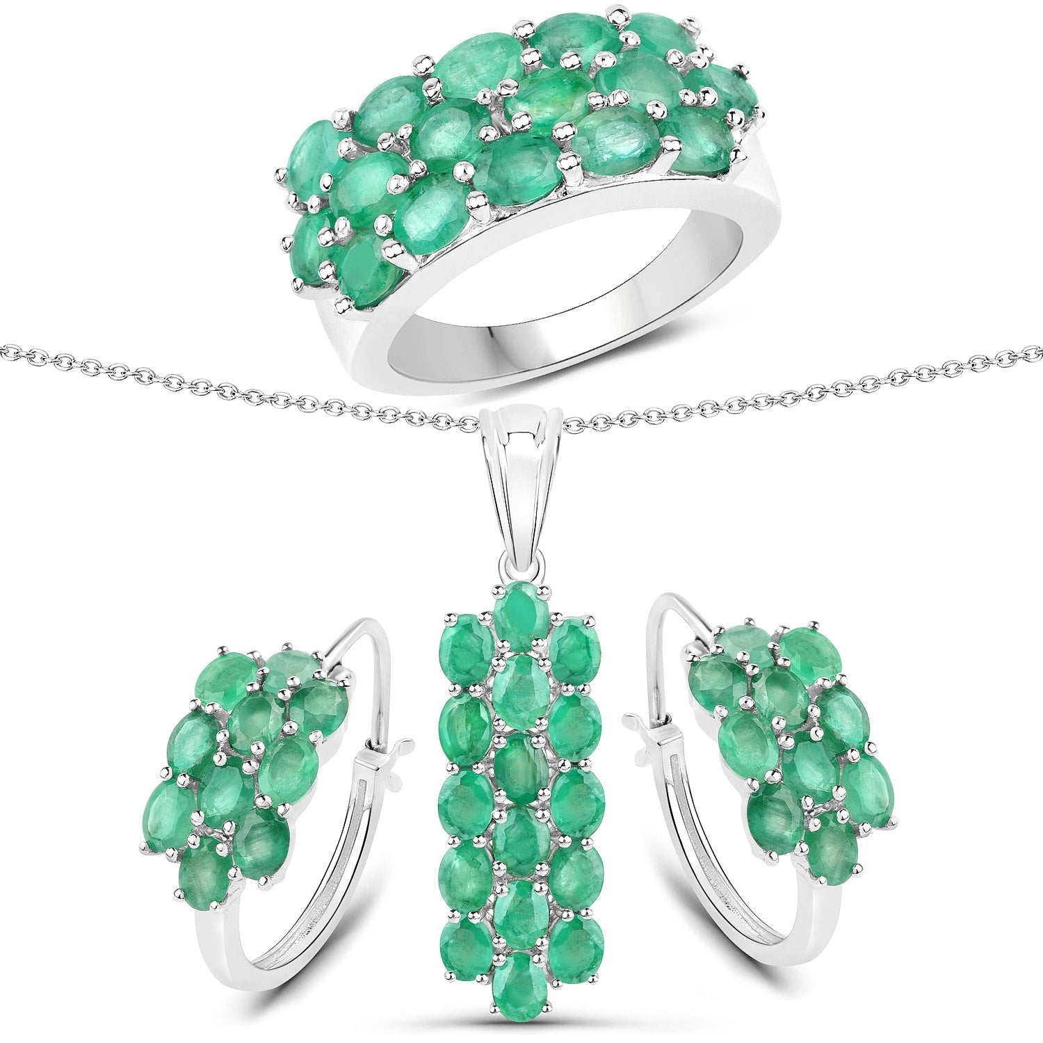 7.80 Carat Genuine Zambian Emerald .925 Sterling Silver 3 Piece Jewelry Set Ring, Earrings, and Pendant w/ Chain on sale at MyriadMart