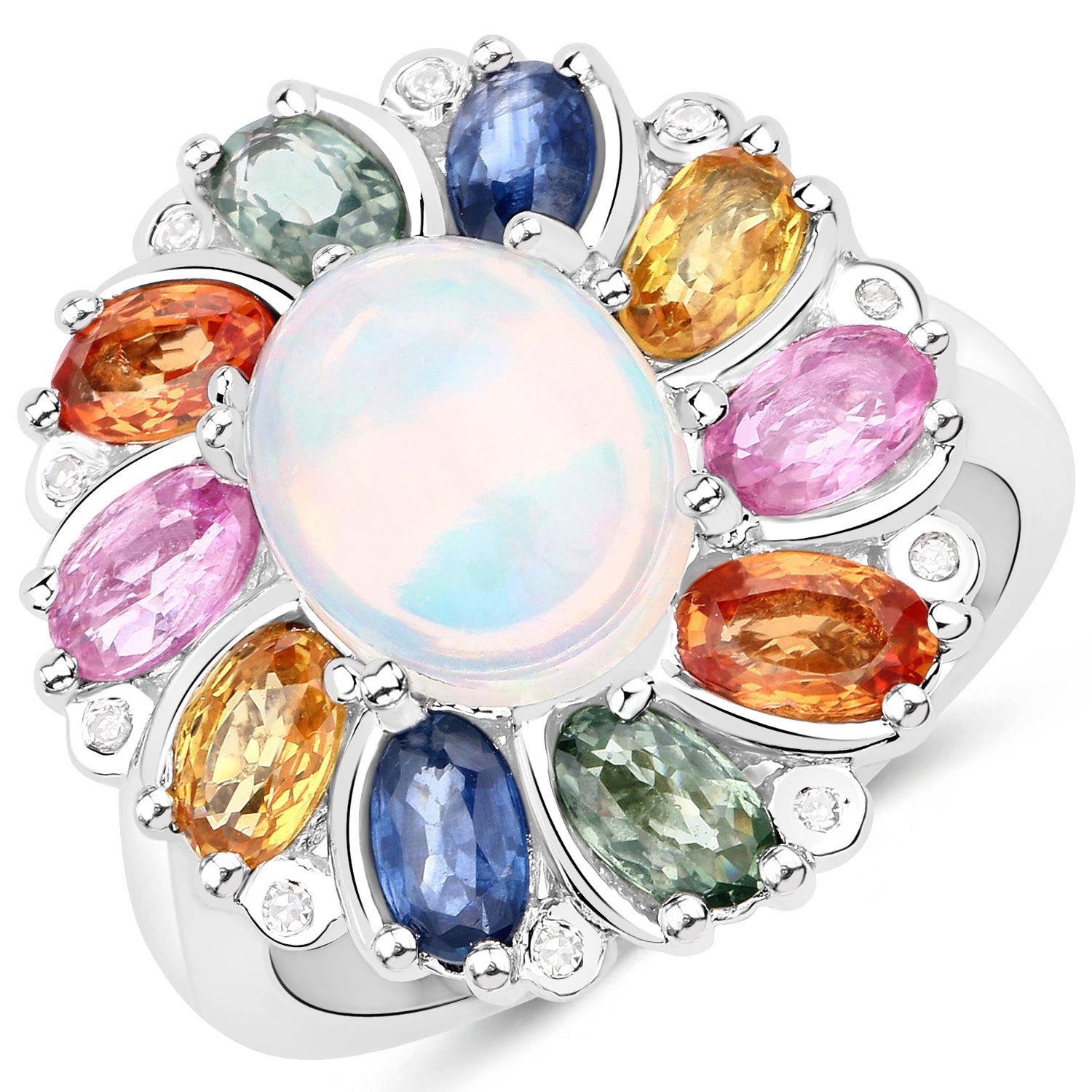 3.92 Carat Genuine Ethiopian Opal, Multi Sapphire and White Diamond .925 Sterling Silver Ring on sale at MyriadMart