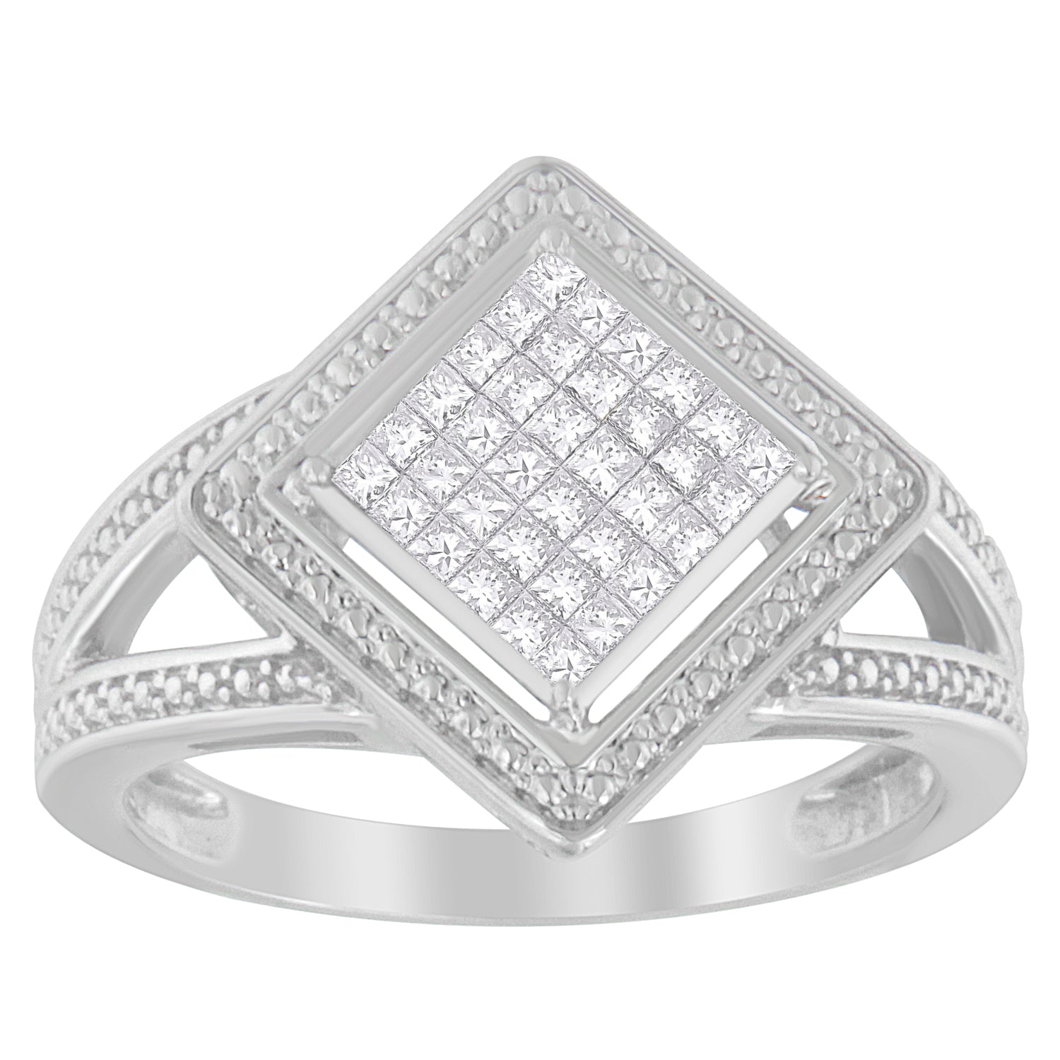 .925 Sterling Silver 1/3 Cttw Invisible Set Princess-Cut Diamond Rhombus and Beaded Halo Ring H-I Color, SI1-SI2 Clarity - Ring Size 7 on sale at MyriadMart