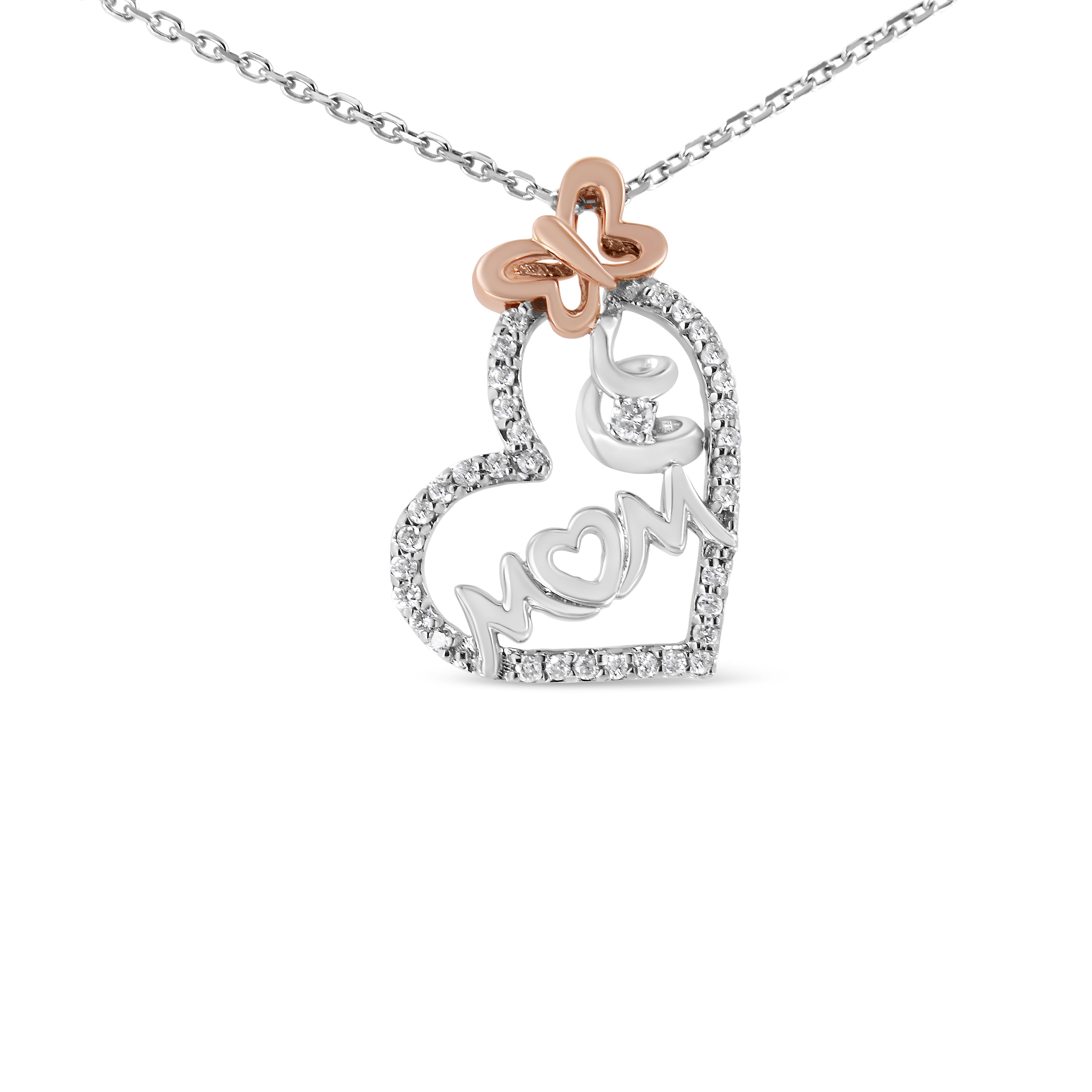Two Tone .925 Sterling Silver 1/5 cttw Diamond "Mom" and Heart Pendant Necklace H-I, I1-I2 on sale at MyriadMart