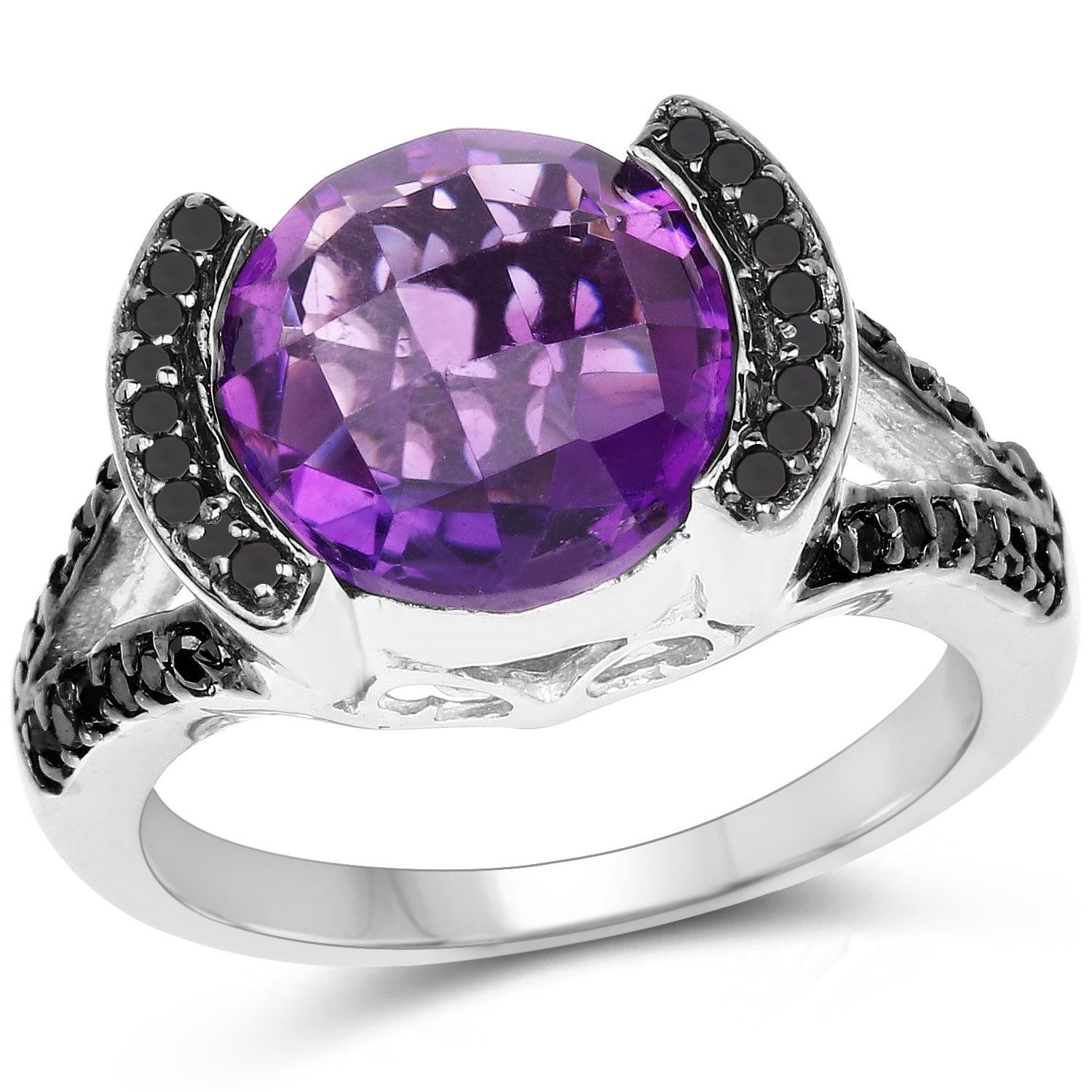3.24 Carat Genuine Amethyst & Black Diamond .925 Sterling Silver Ring on sale at MyriadMart