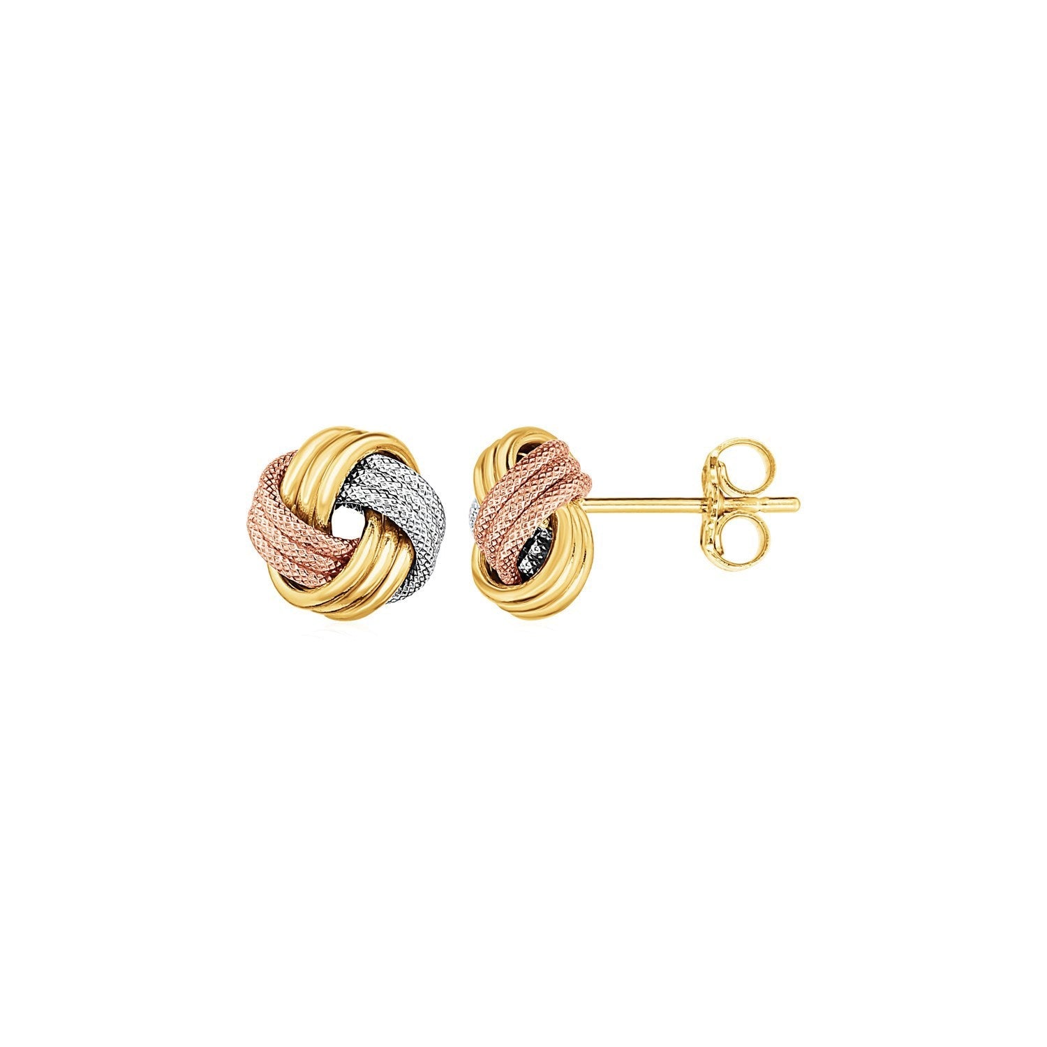 Love Knot Post Earrings in 14k Tri Color Gold on sale at MyriadMart