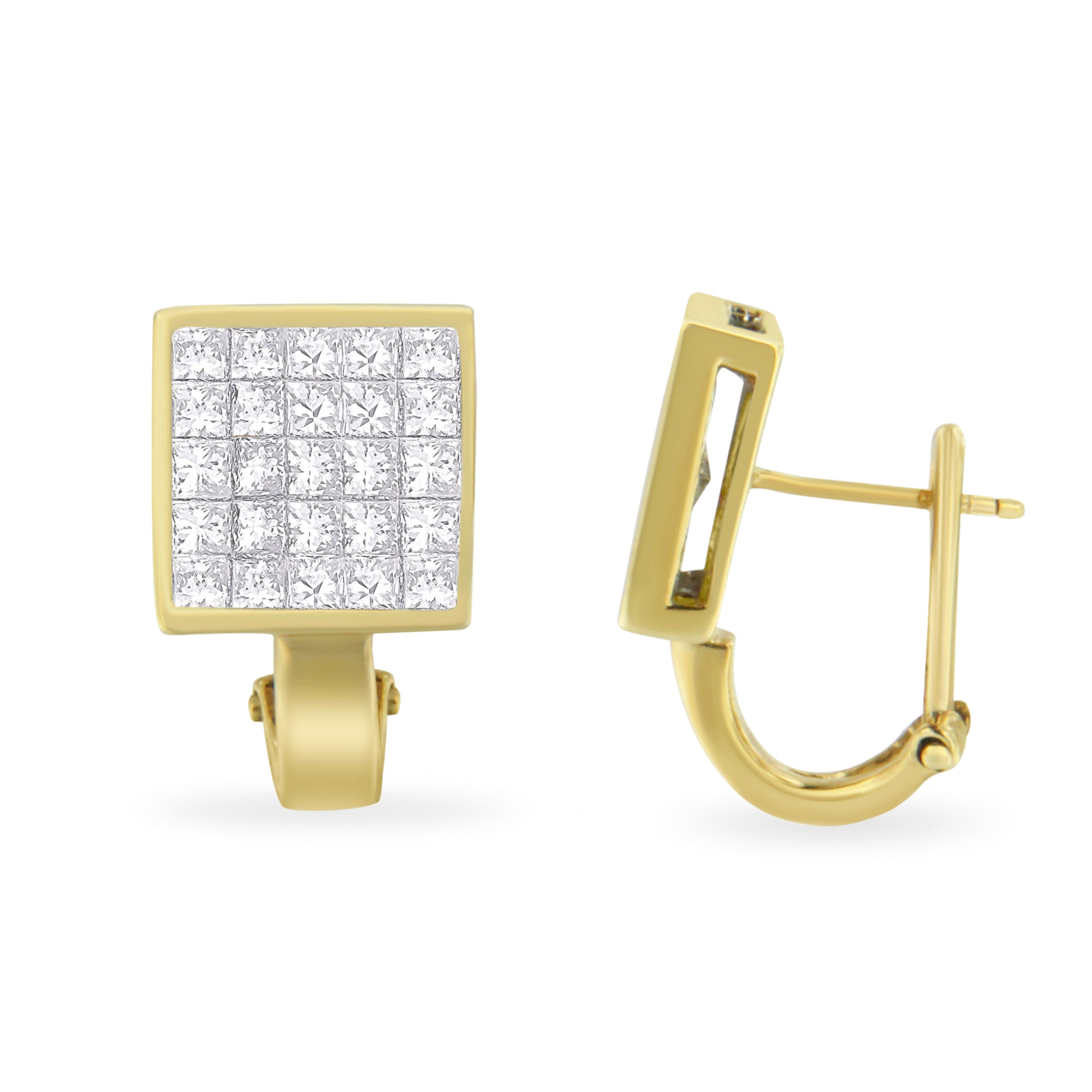 14K Yellow Gold 3-1/5 Cttw Princess Cut Diamond ¾ Square Invisible Set Grid Huggy Style Omega Back Stud Earrings G-H Color, VS1-VS2 Clarity on sale at MyriadMart