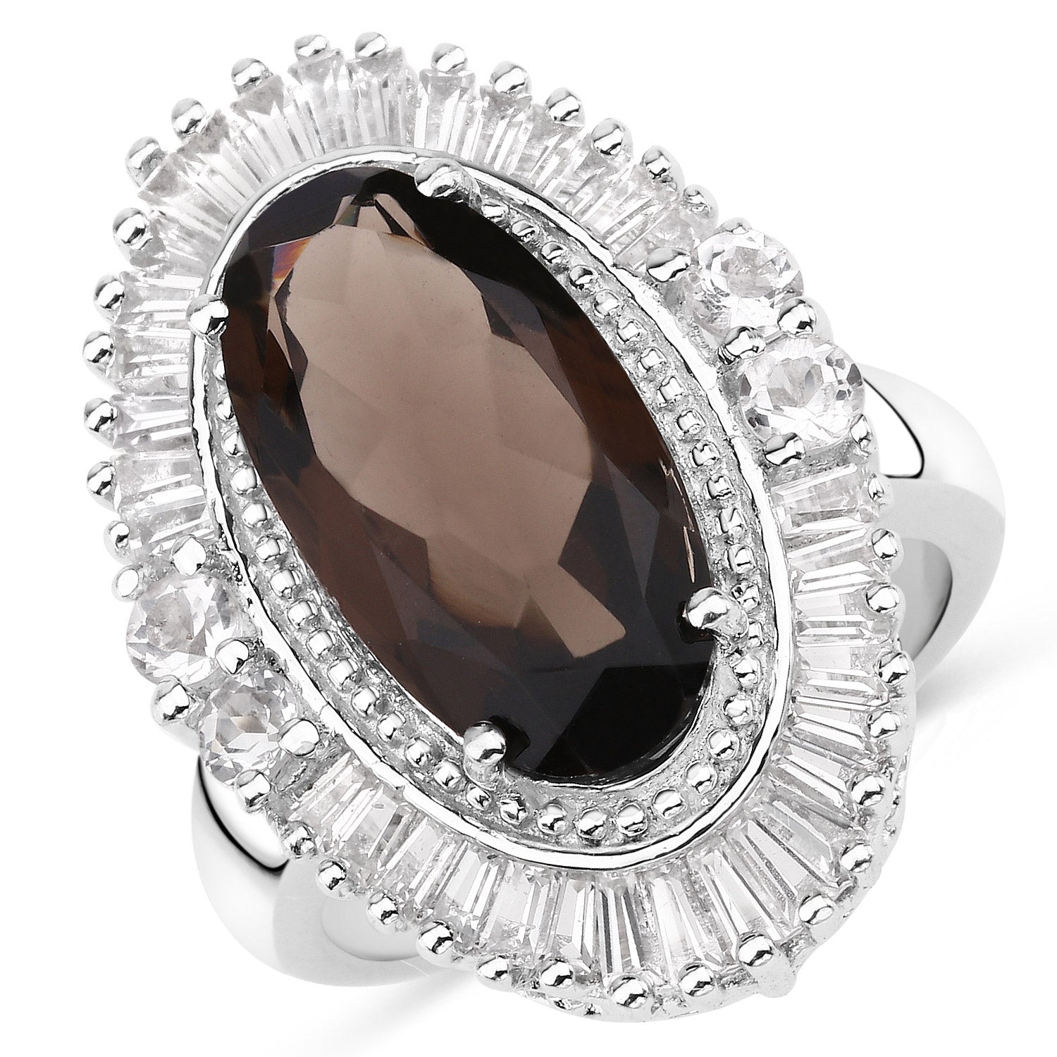 8.12 Carat Genuine Smoky Quartz and White Topaz .925 Sterling Silver Ring on sale at MyriadMart