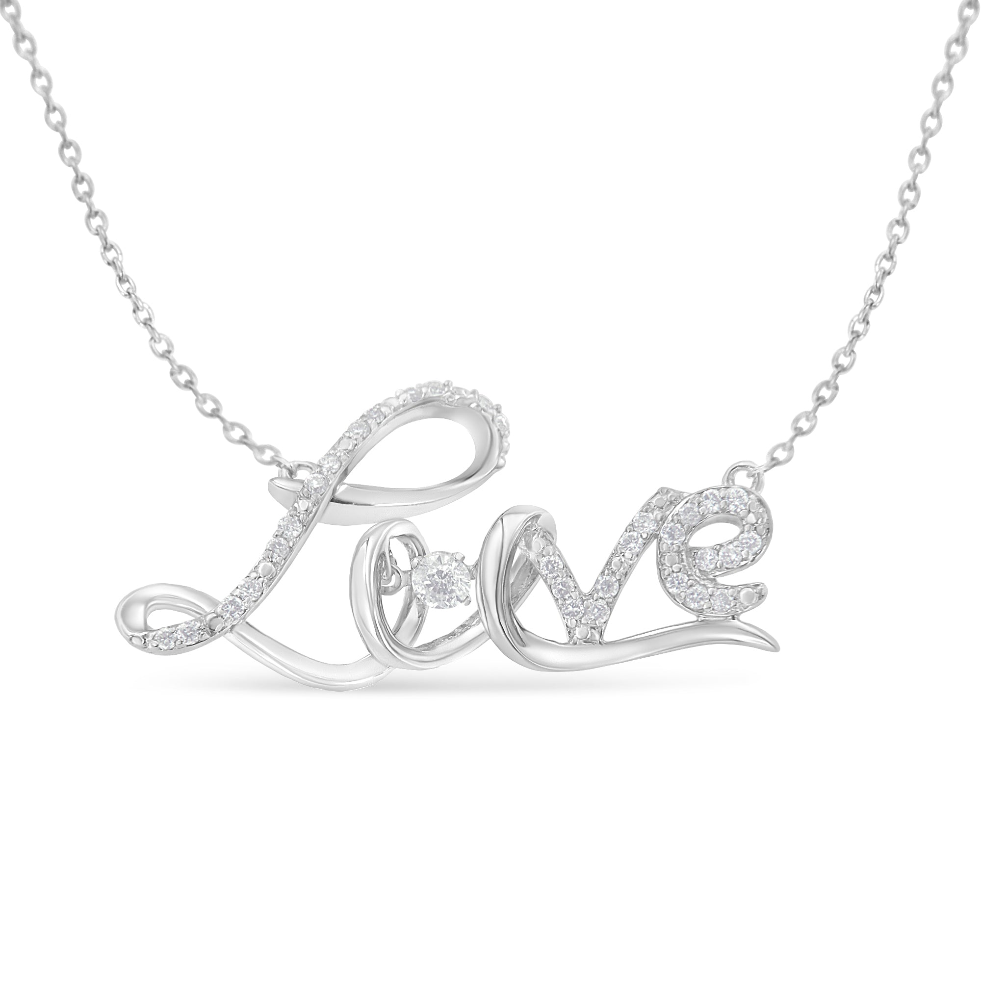 .925 Sterling Silver 1/4 Cttw Diamond Cursive "Love" 18" Pendant Necklace H-I Color, I1-I2 Clarity on sale at MyriadMart