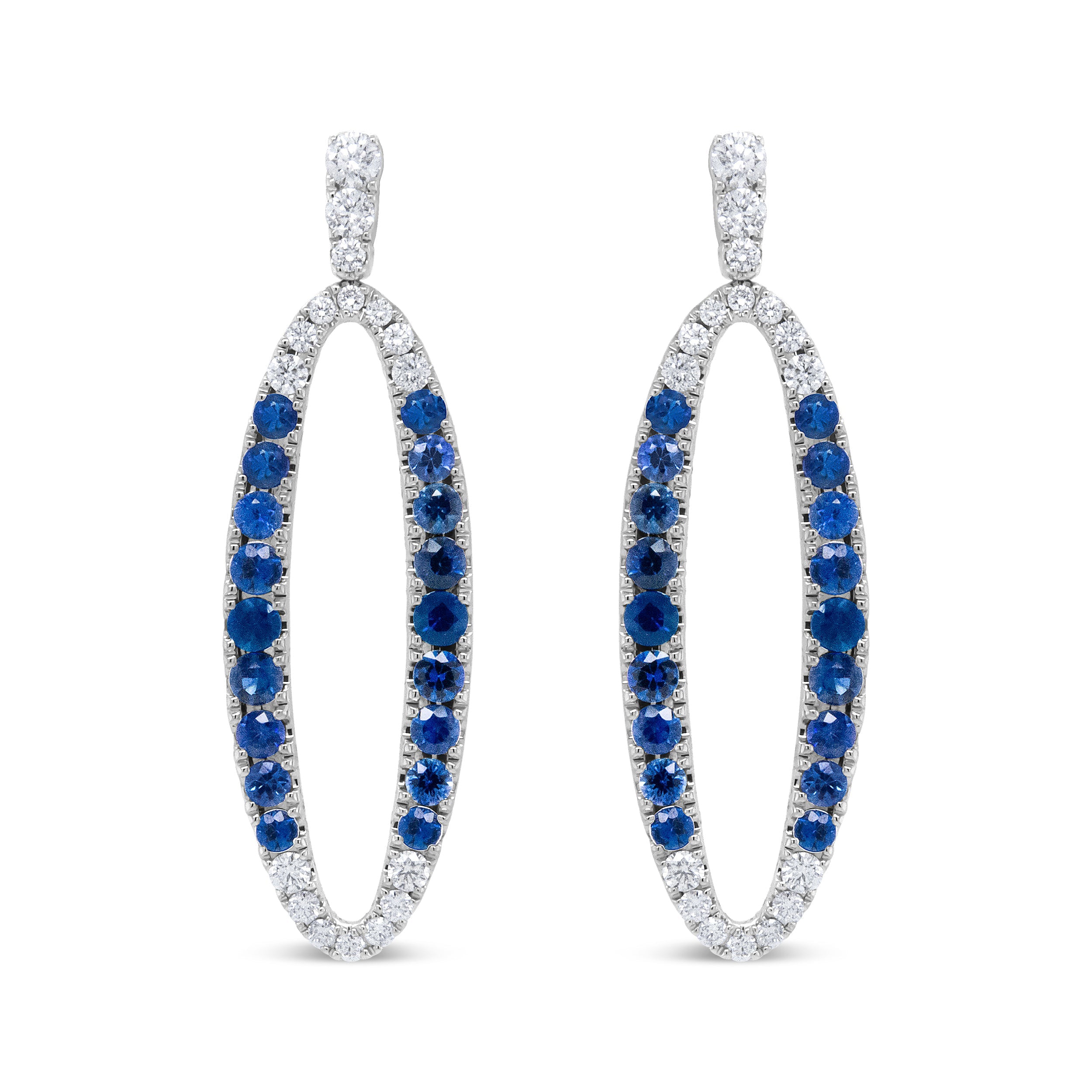 18K White Gold 1.11 Cttw Blue Round Diamond and Blue Sapphire Openwork Oval Shaped Dangle Earrings F-G Color, VS1-VS2 Clarity on sale at MyriadMart