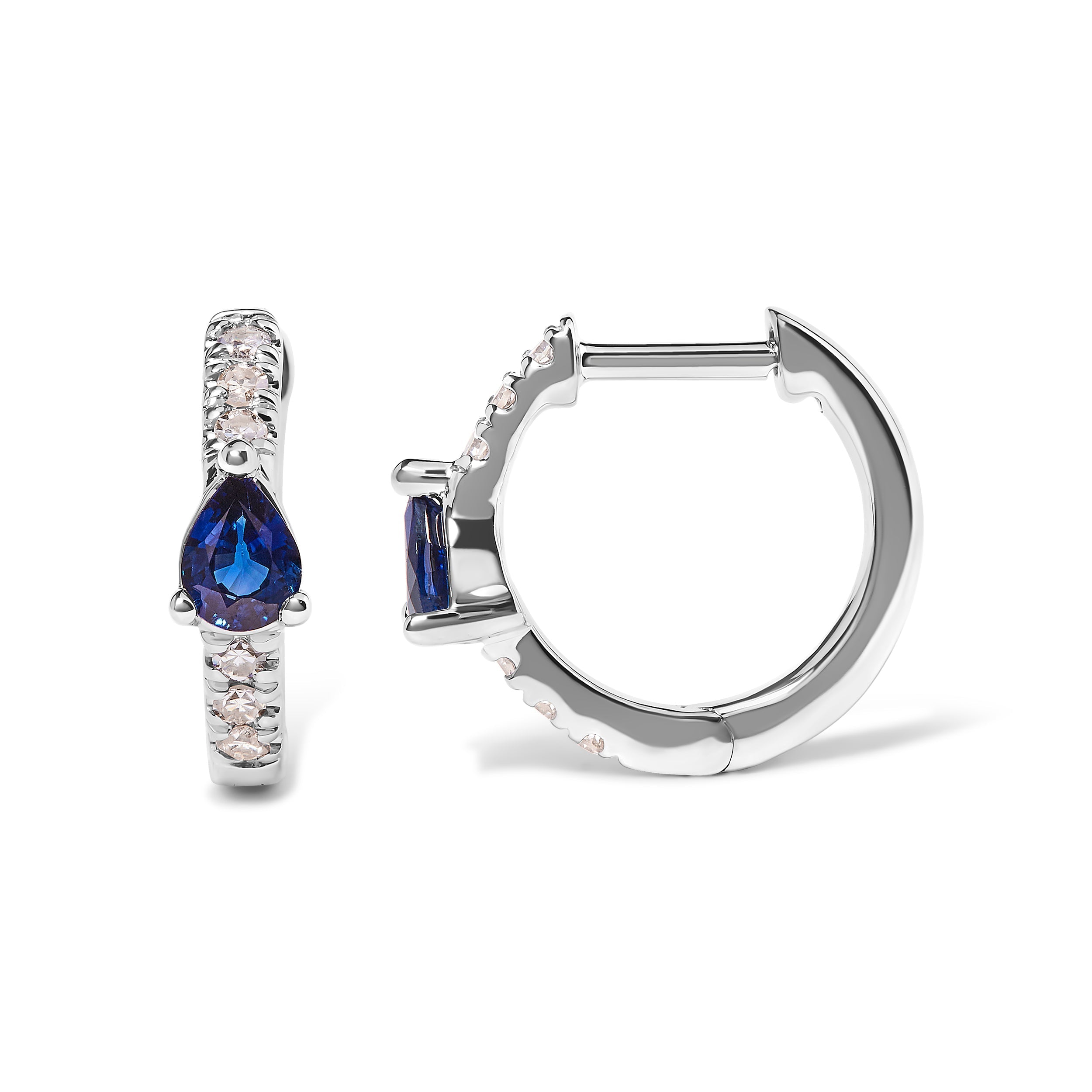 10K White Gold Pear Shaped Blue Sapphire and 1/10 Cttw Diamond Huggy Hoop Earrings H-I Color, I1-I2 Clarity on sale at MyriadMart