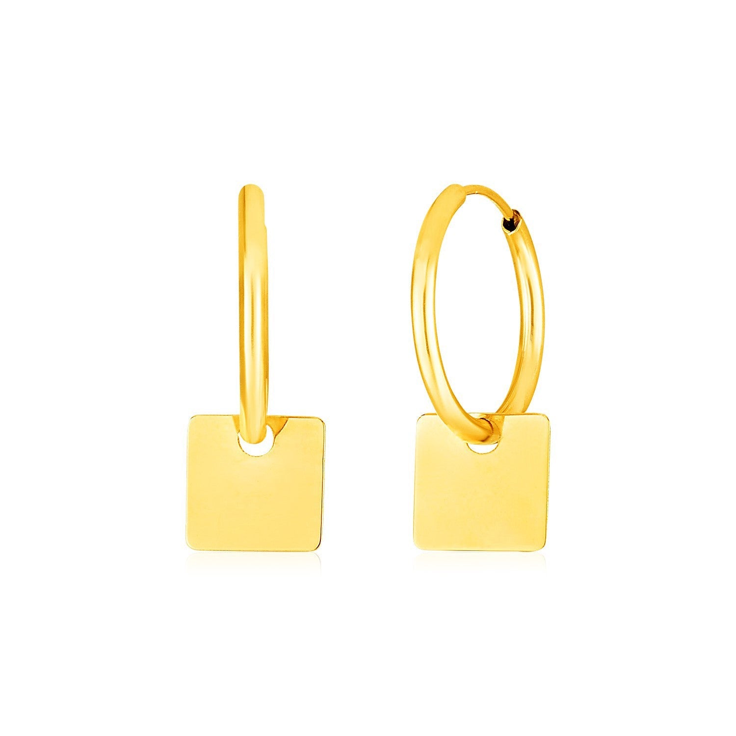 14k Yellow Gold Huggie Style Hoop Earrings with Square Drops on sale at MyriadMart