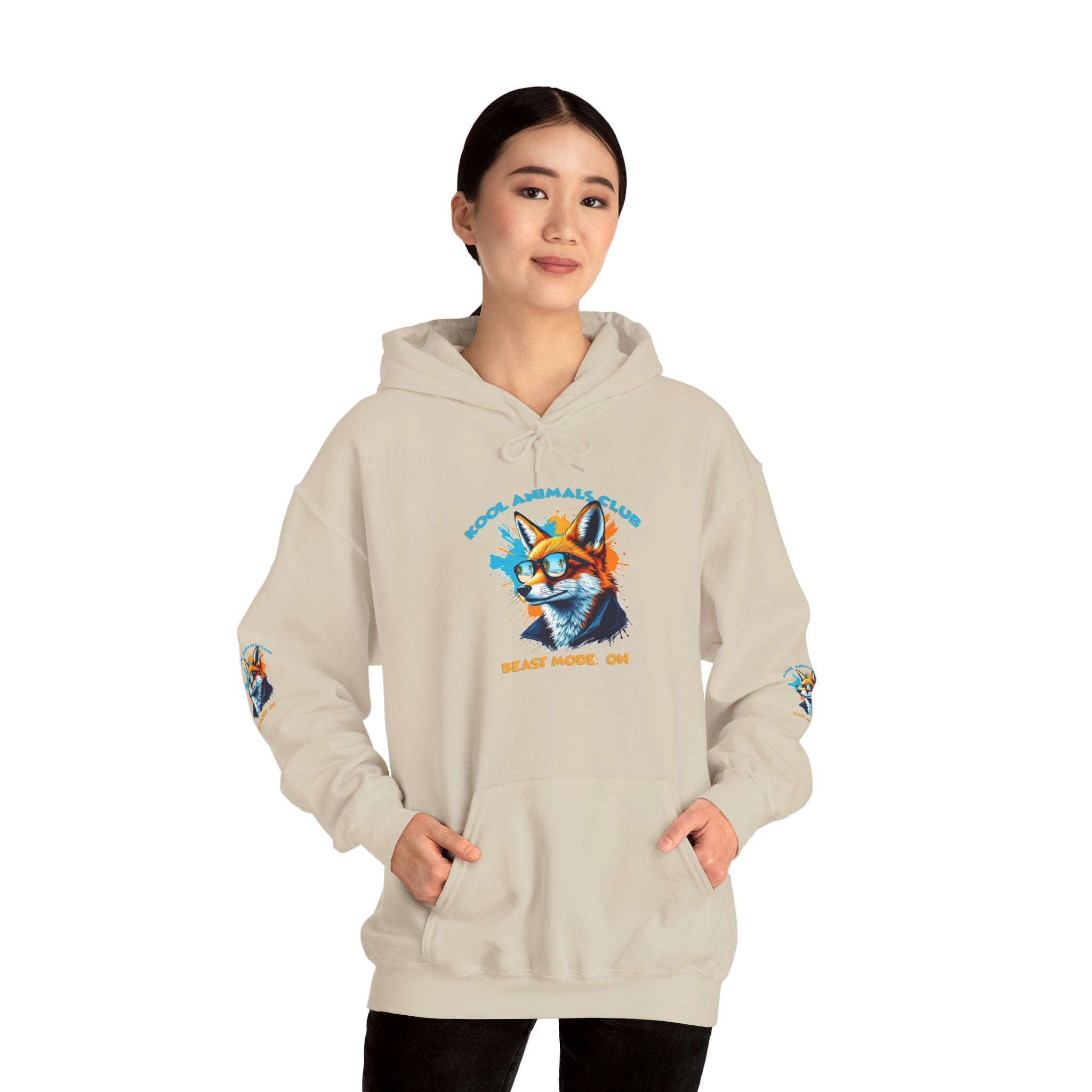 Kool Animals Club Hoodie with Cool Fox in Sunglasses and ‘Beast Mode On’ Design, Unisex Sweatshirt for Animal Lovers, Casual Streetwear, Perfect Gift for Holidays on sale at MyriadMart