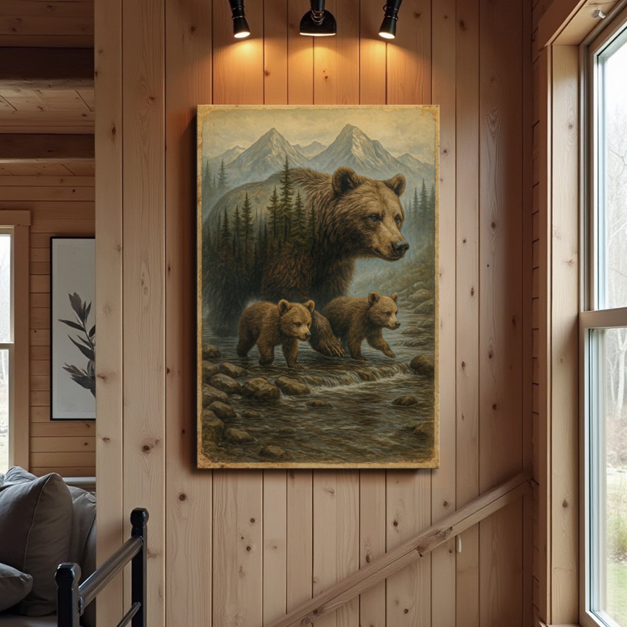 Mother Bear and Cubs Crossing Double Exposure Wall Art on sale at MyriadMart