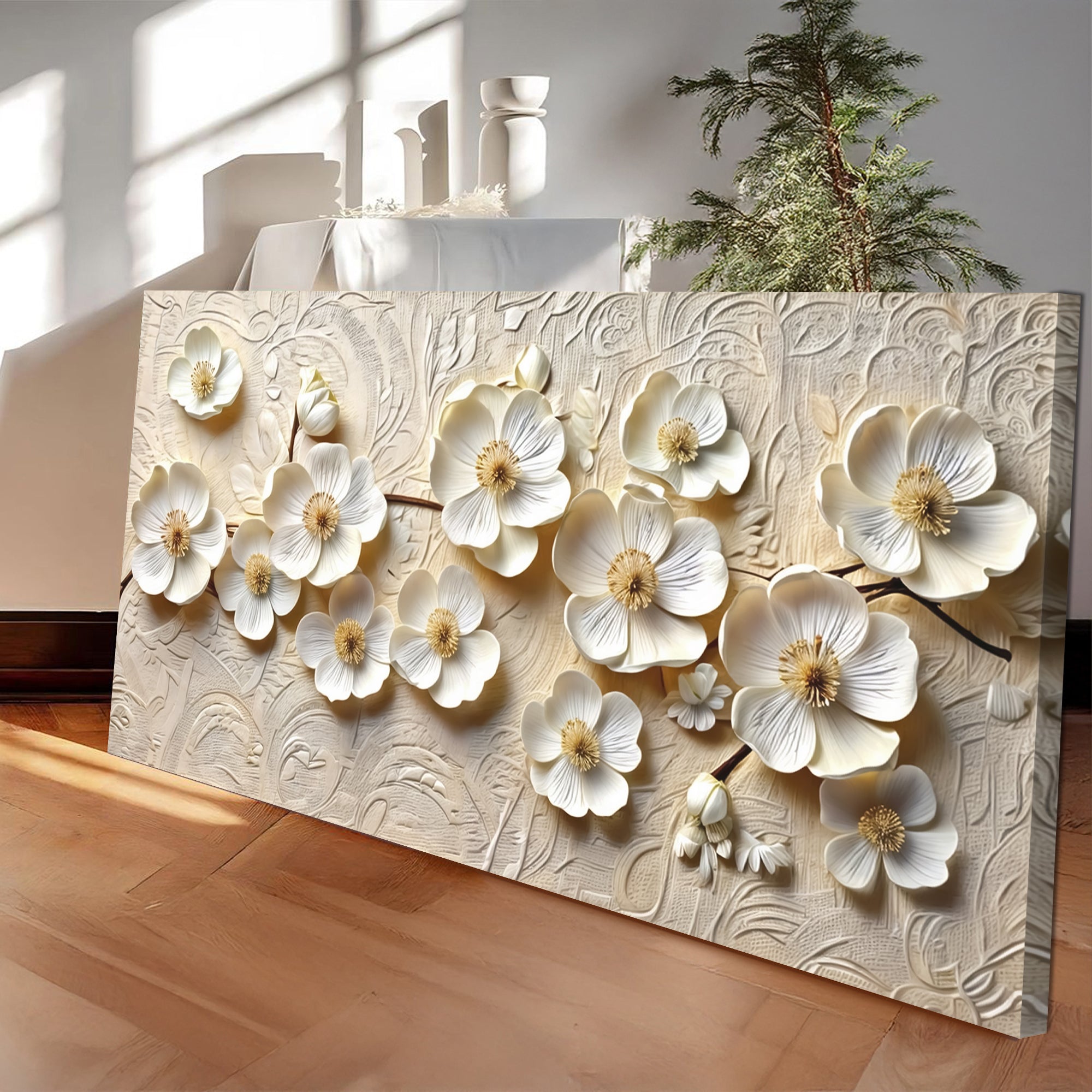 White Blossom Serenade Impasto Wall Art on sale at MyriadMart