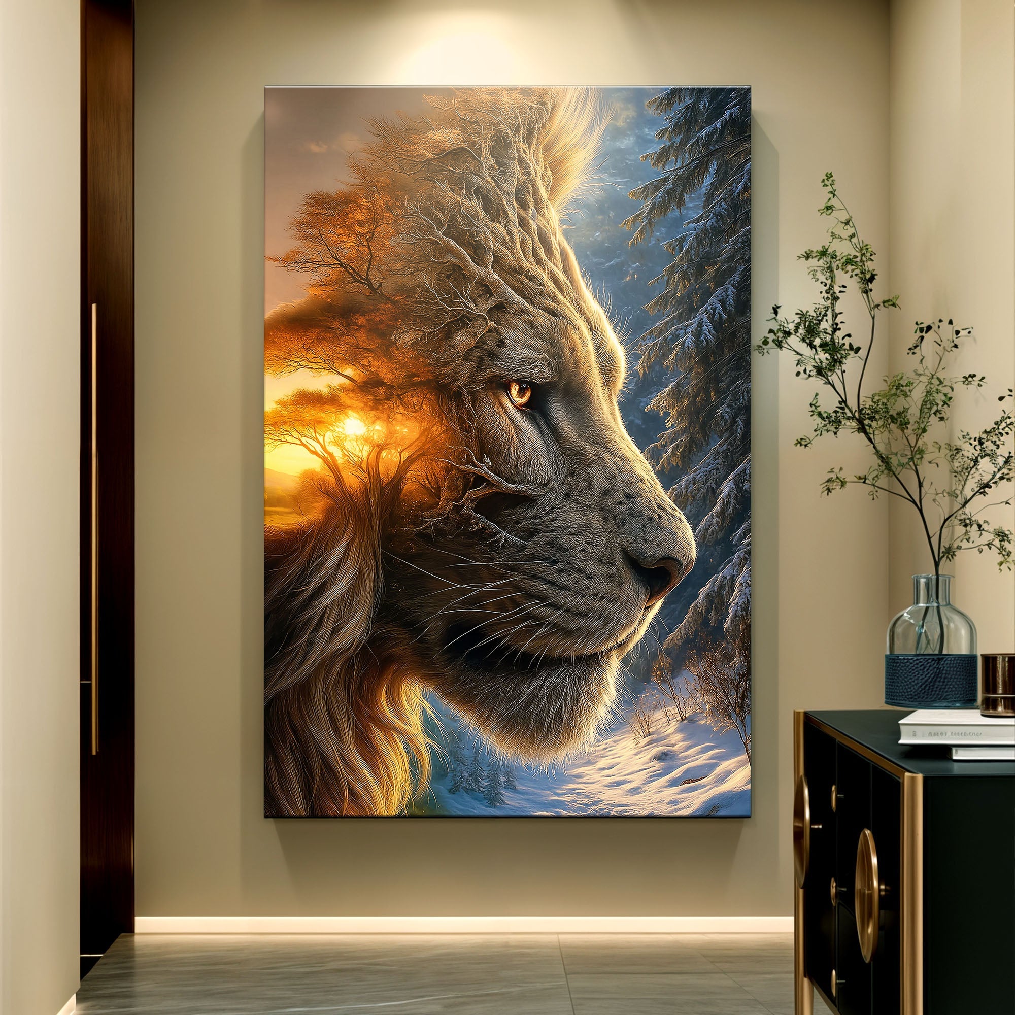Lion Winter Summer Surrealism Wall Art on sale at MyriadMart