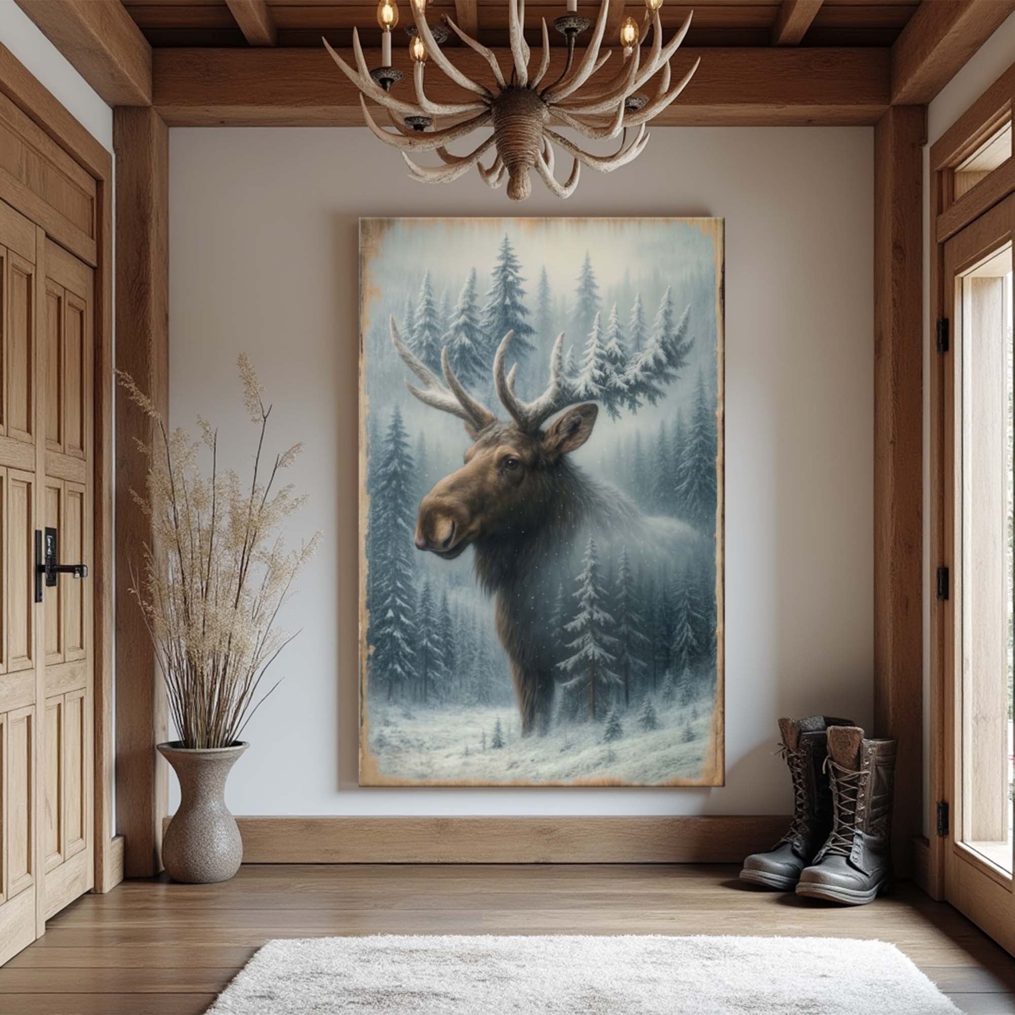 Snowy Forest Moose Double Exposure Wall Art on sale at MyriadMart