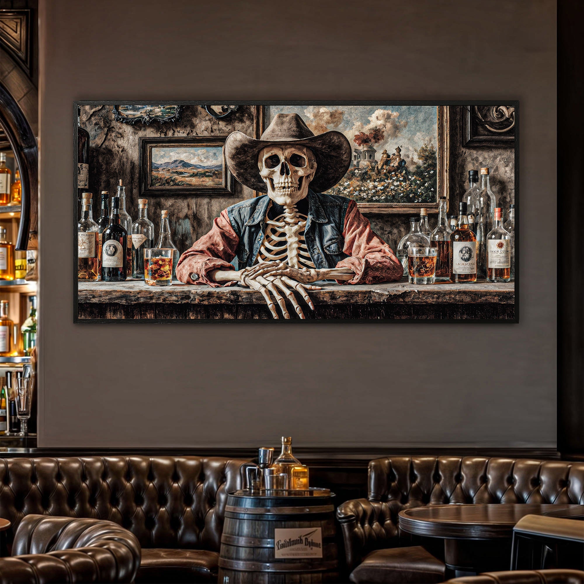 Skeleton Cowboy Barman At Western Saloon Wall Art on sale at MyriadMart