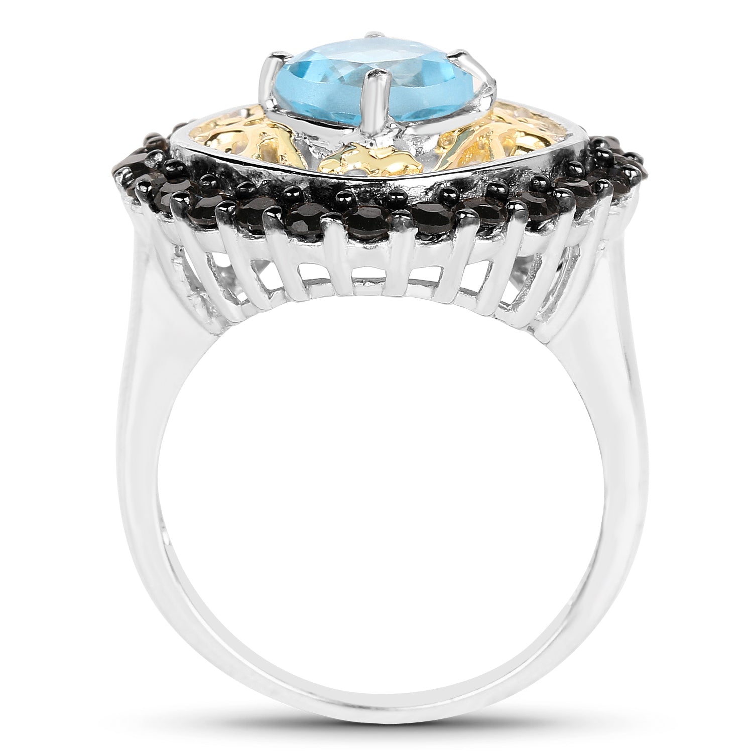 Two Tone Plated 2.85 Carat Genuine Swiss Blue Topaz and Black Spinel .925 Sterling Silver Ring on sale at MyriadMart