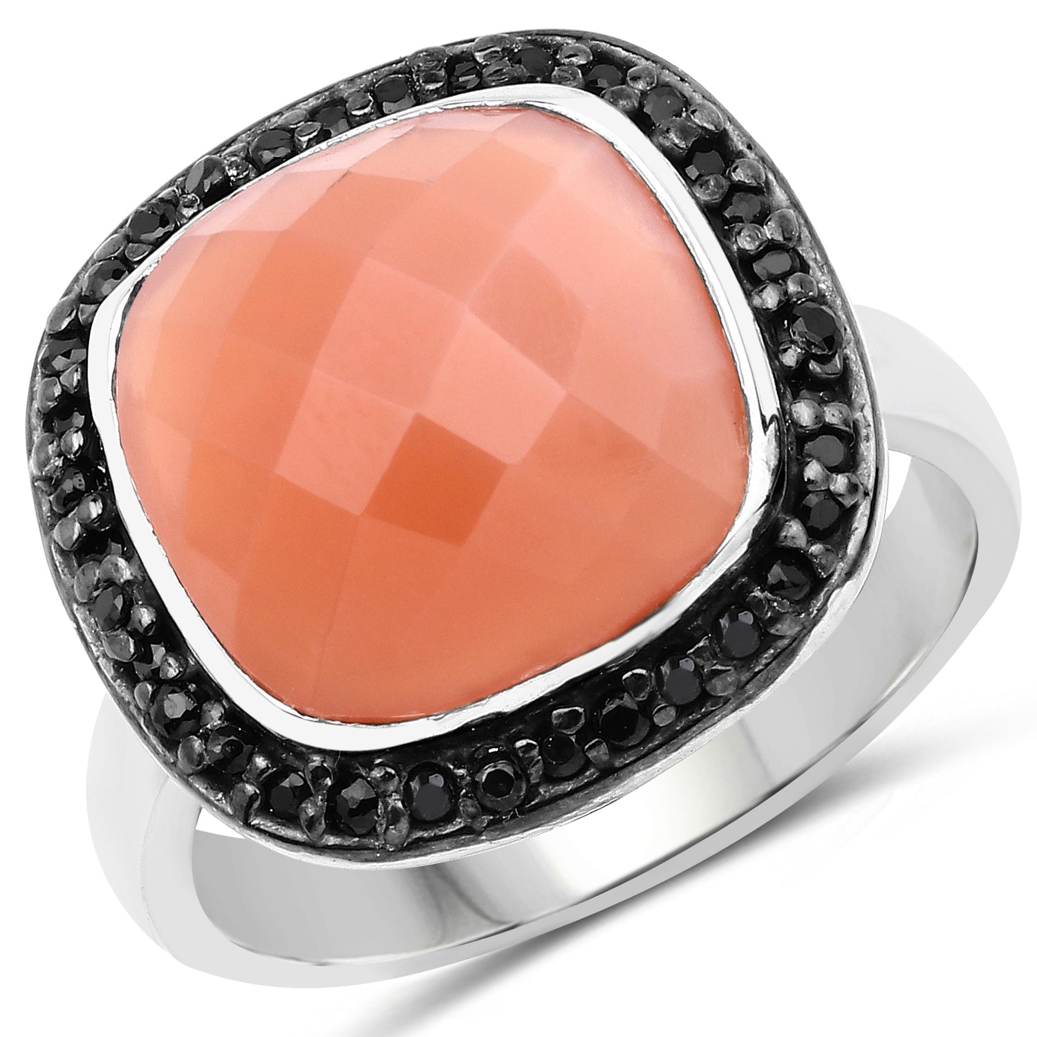 6.46 Carat Genuine Peach Moonstone and Black Spinel .925 Sterling Silver Ring on sale at MyriadMart