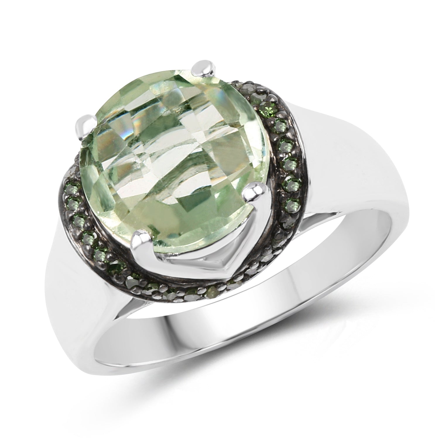 3.95 Carat Genuine Green Amethyst and Green Diamond .925 Sterling Silver Ring on sale at MyriadMart