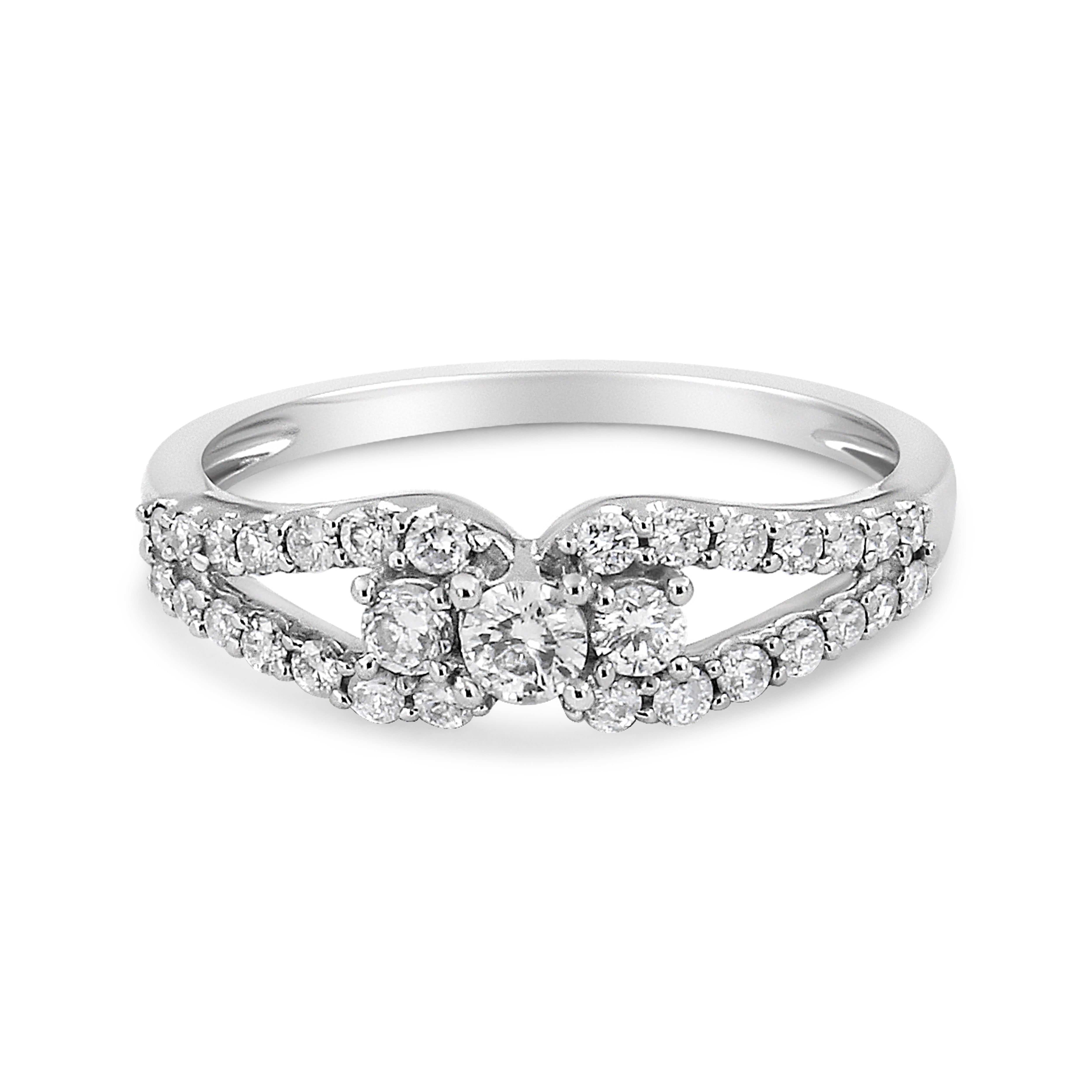 10K White Gold 1/2 Cttw Round Cut Diamond Three Stone Split Shank Band Ring H-I Color, SI1-SI2 Clarity - Size 6 on sale at MyriadMart