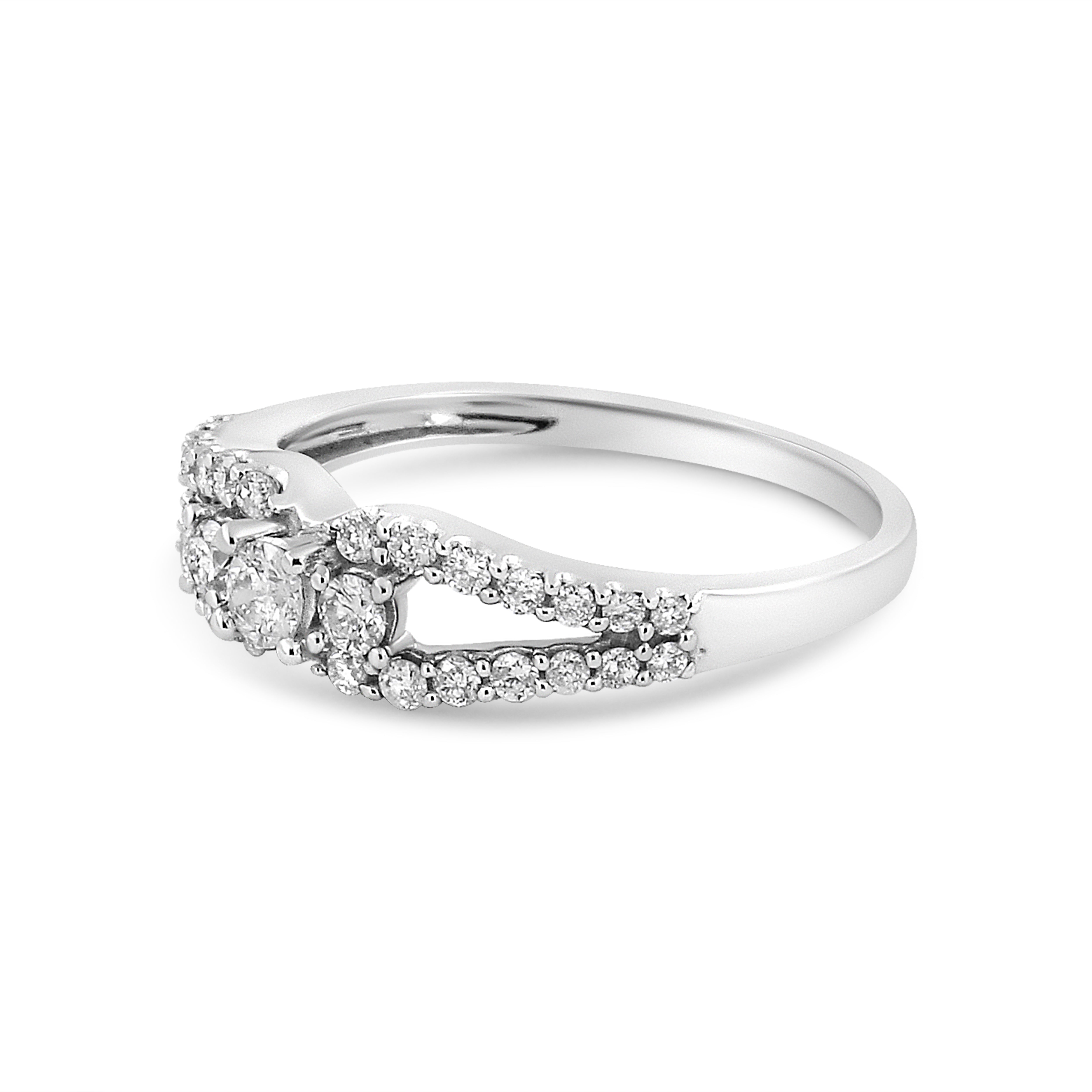 10K White Gold 1/2 Cttw Round Cut Diamond Three Stone Split Shank Band Ring H-I Color, SI1-SI2 Clarity - Size 6 on sale at MyriadMart