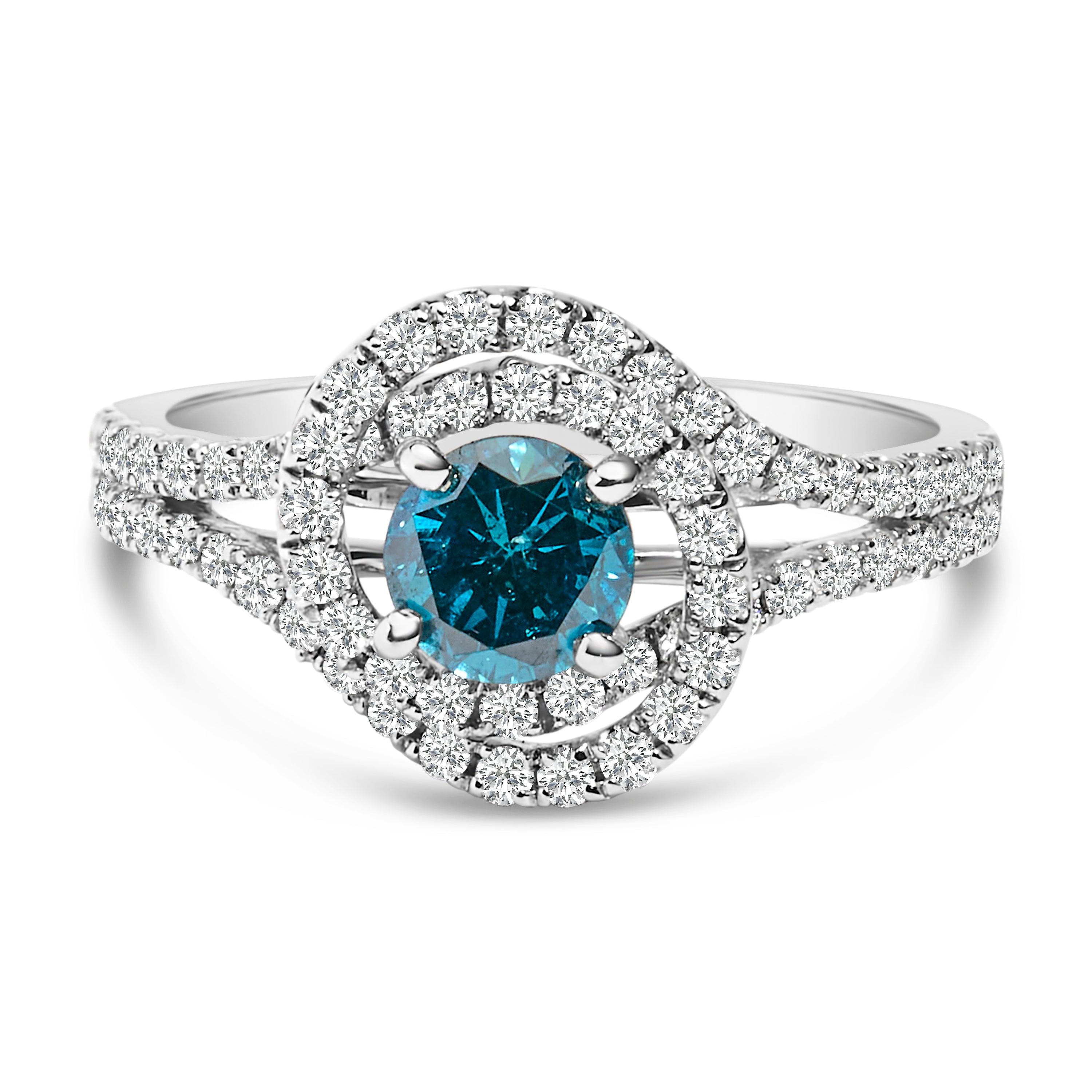 14K White Gold 1-1/3 Cttw White & Blue Diamond Interweaving Double Halo Cocktail Statement Ring G-H and Fancy Blue Color, SI2-I1 Clarity - Size 6 on sale at MyriadMart