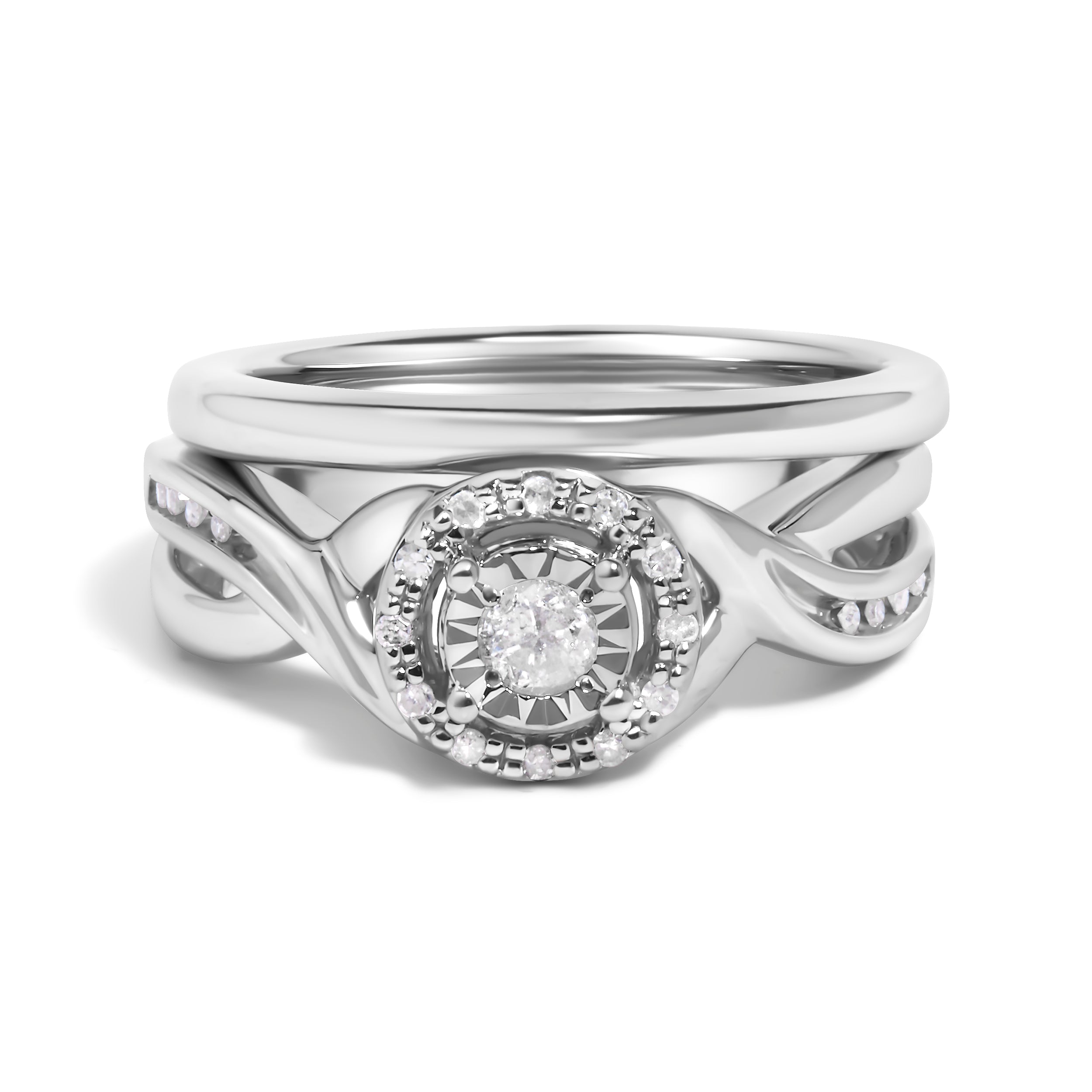 .925 Sterling Silver 1/7 Cttw Diamond Halo Bypass Engagement Ring and Wedding Band Set I-J Color, I3 Clarity - Size 7 on sale at MyriadMart