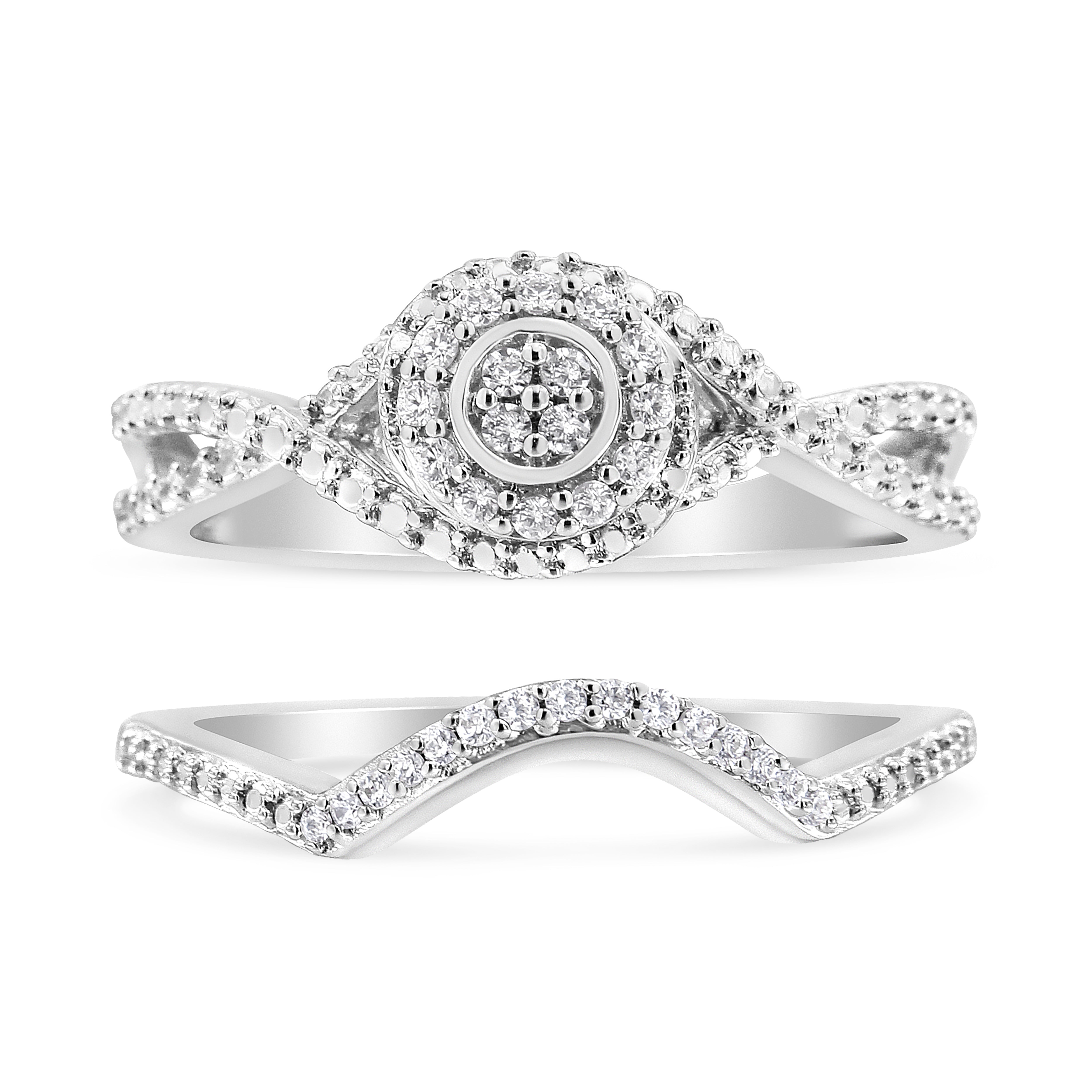 .925 Sterling Silver 1/6 Cttw Diamond Composite Halo and Split Shank Bridal Set Ring and Band I-J Color, I3 Clarity - Size 7 on sale at MyriadMart