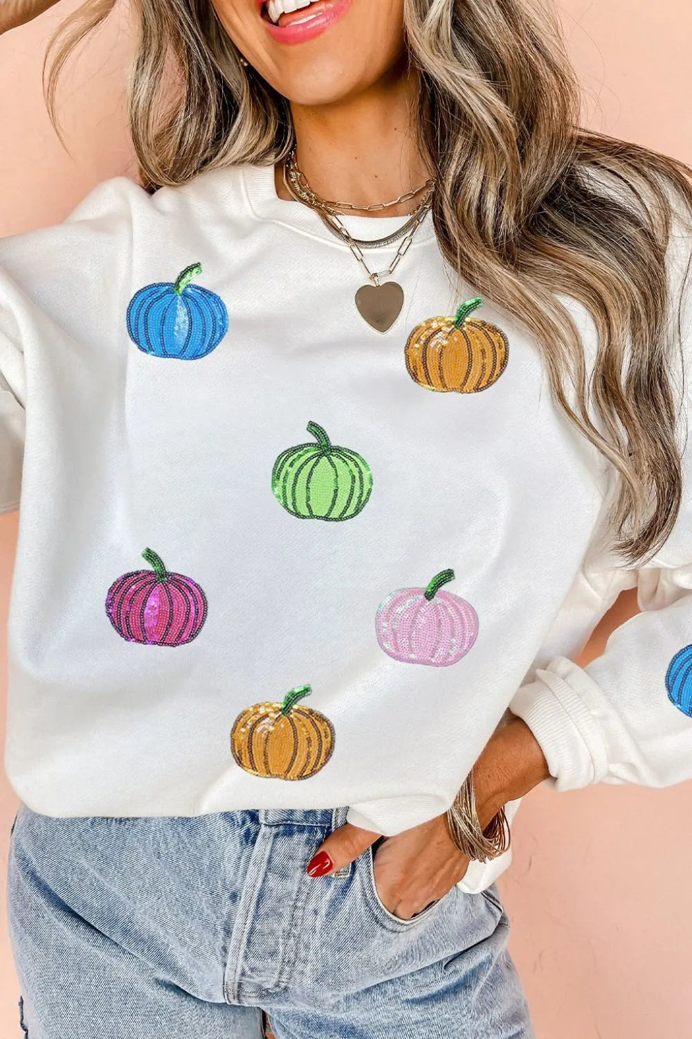 Pumpkin Round Neck Long Sleeve Sweatshirt - MyriadMart