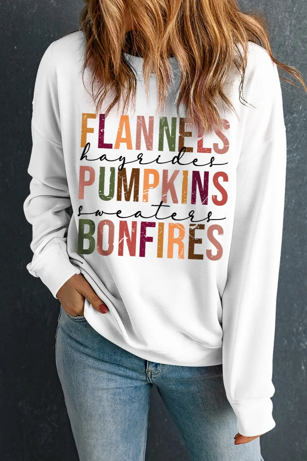 Letter Graphic Round Neck Long Sleeve Sweatshirt - MyriadMart