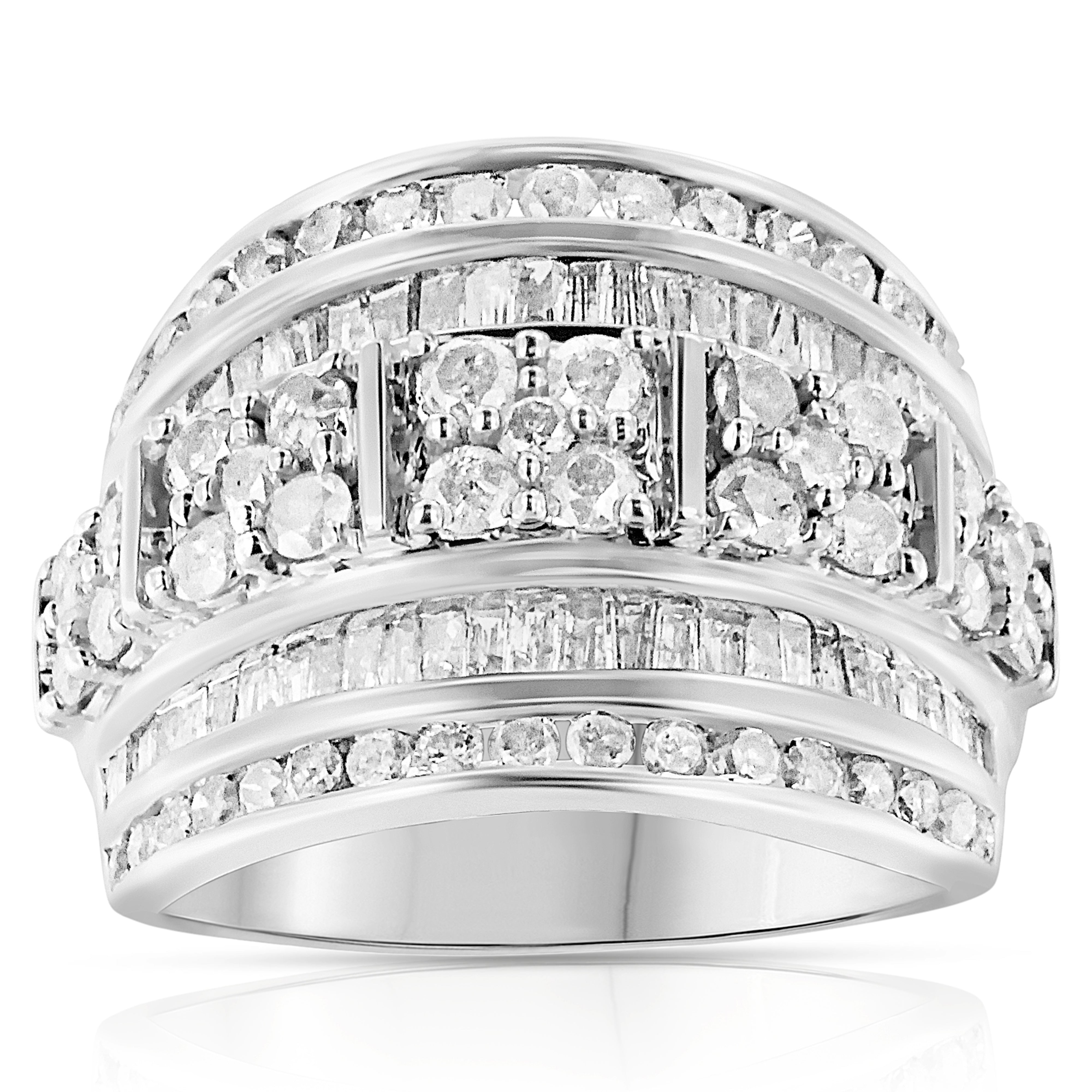 .925 Sterling Silver 2.0 Cttw Round & Baguette Cut Diamond Multi-Row Channel Set Tapered Cocktail Fashion Ring I-J Color, I3 Clarity - Size 7 on sale at MyriadMart