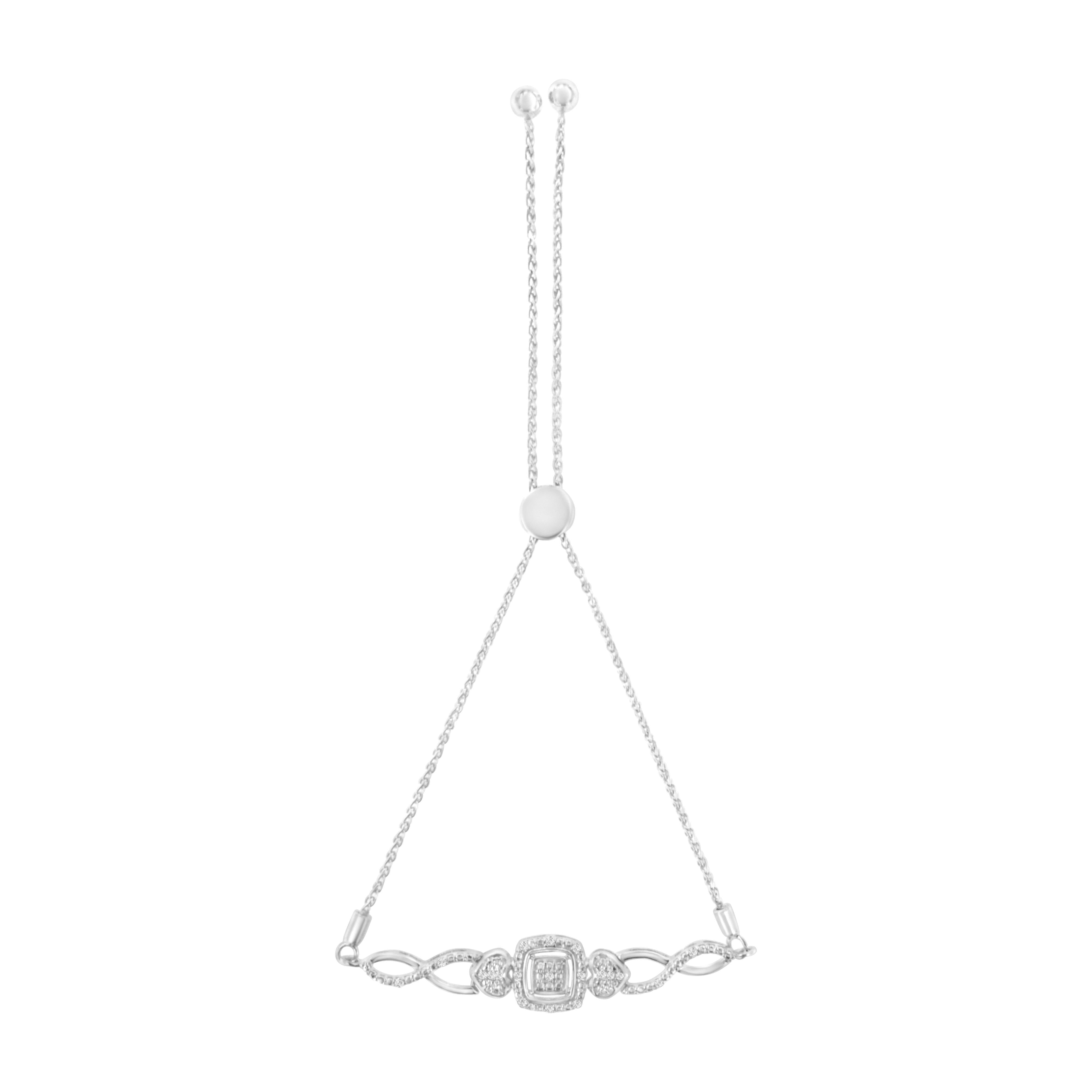 .925 Sterling Silver Diamond Cushion Frame Heart-Sides Twist 4â€-10†Adjustable Bolo Tennis Bolo Bracelet I-J Color, I3 Clarity on sale at MyriadMart