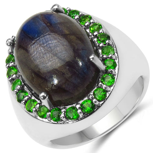 11.90 Carat Genuine Labradorite & Chrome Diopside .925 Sterling Silver Ring on sale at MyriadMart