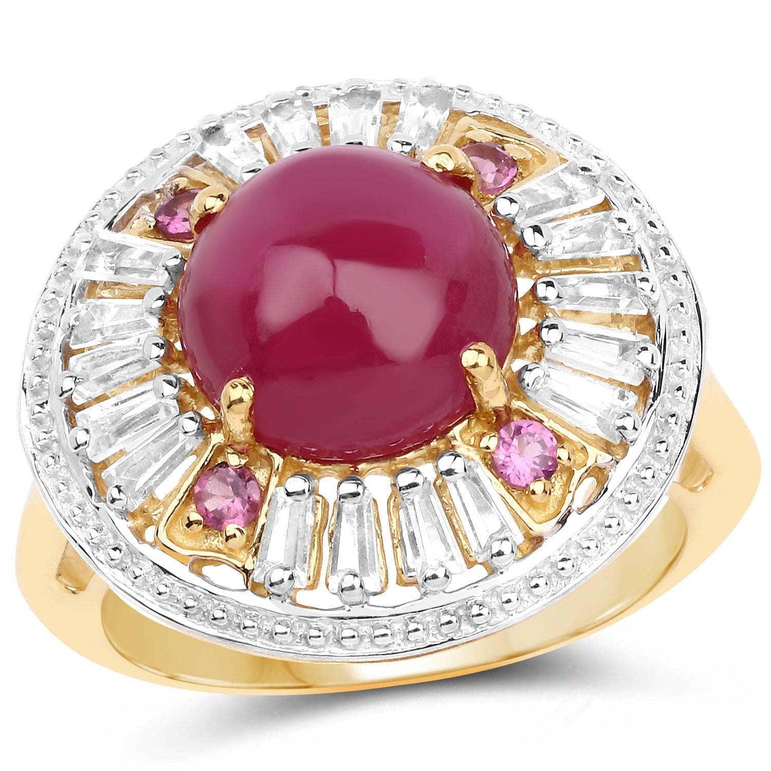 14K Yellow Gold Plated 8.91 Carat Genuine Glass Filled Ruby, Rhodolite & White Topaz .925 Sterling Silver Ring on sale at MyriadMart