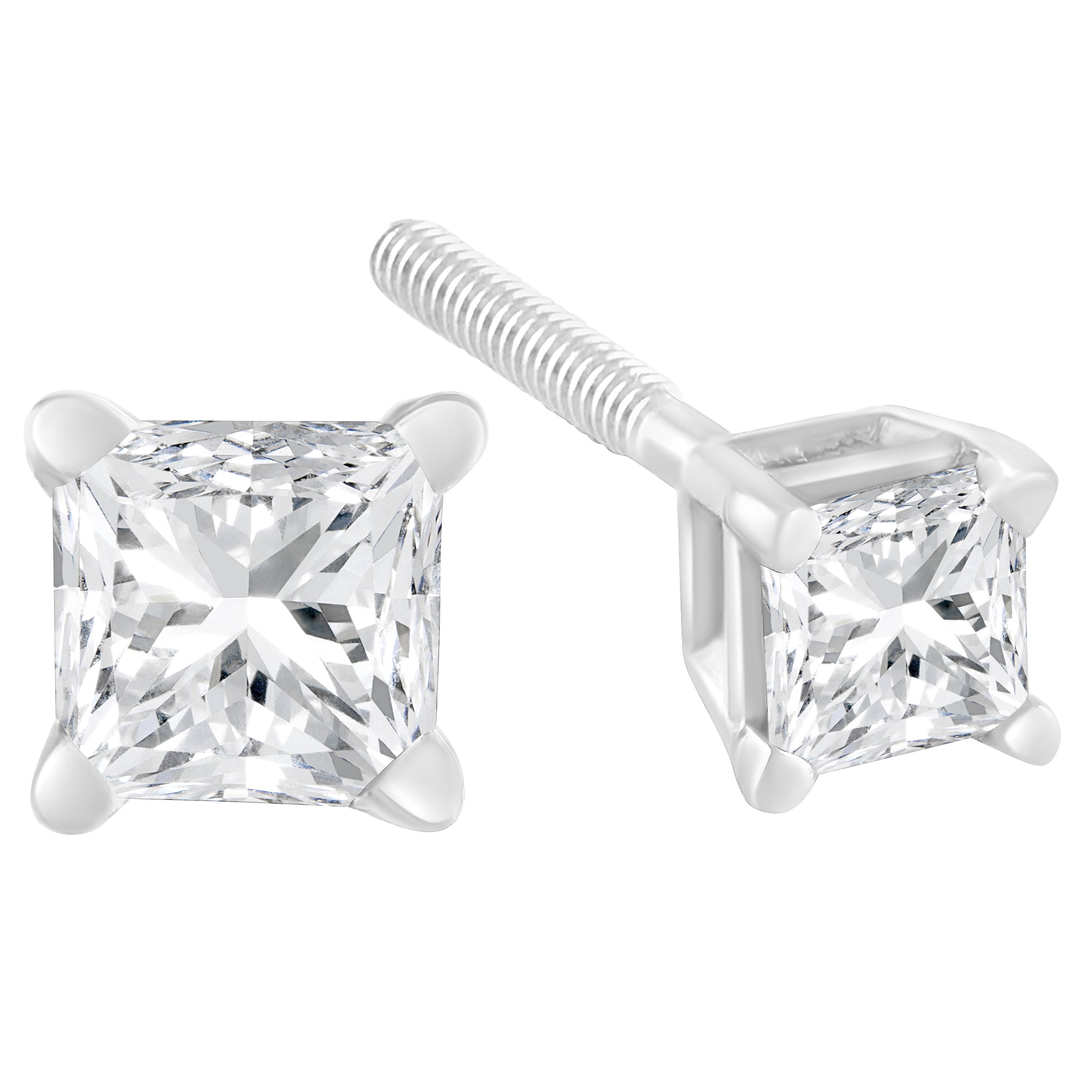 AGS Certified 18K White Gold 1.0 Cttw 4-Prong Set Princess-Cut Solitaire Diamond Screw Back Stud Earrings E-F Color, SI2-I1 Clarity on sale at MyriadMart