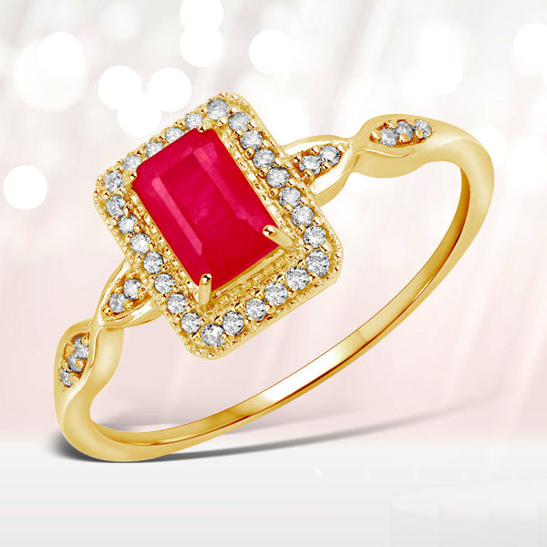 0.75 Carat Genuine Ruby and White Diamond 14K Yellow Gold Ring