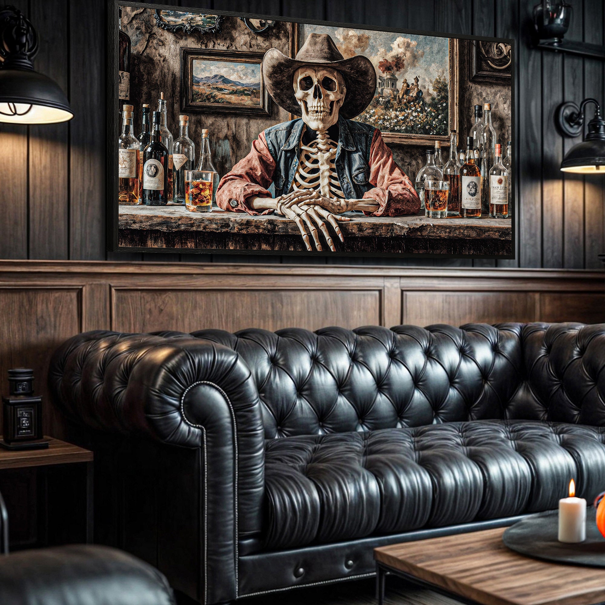 Skeleton Cowboy Barman At Western Saloon Wall Art on sale at MyriadMart