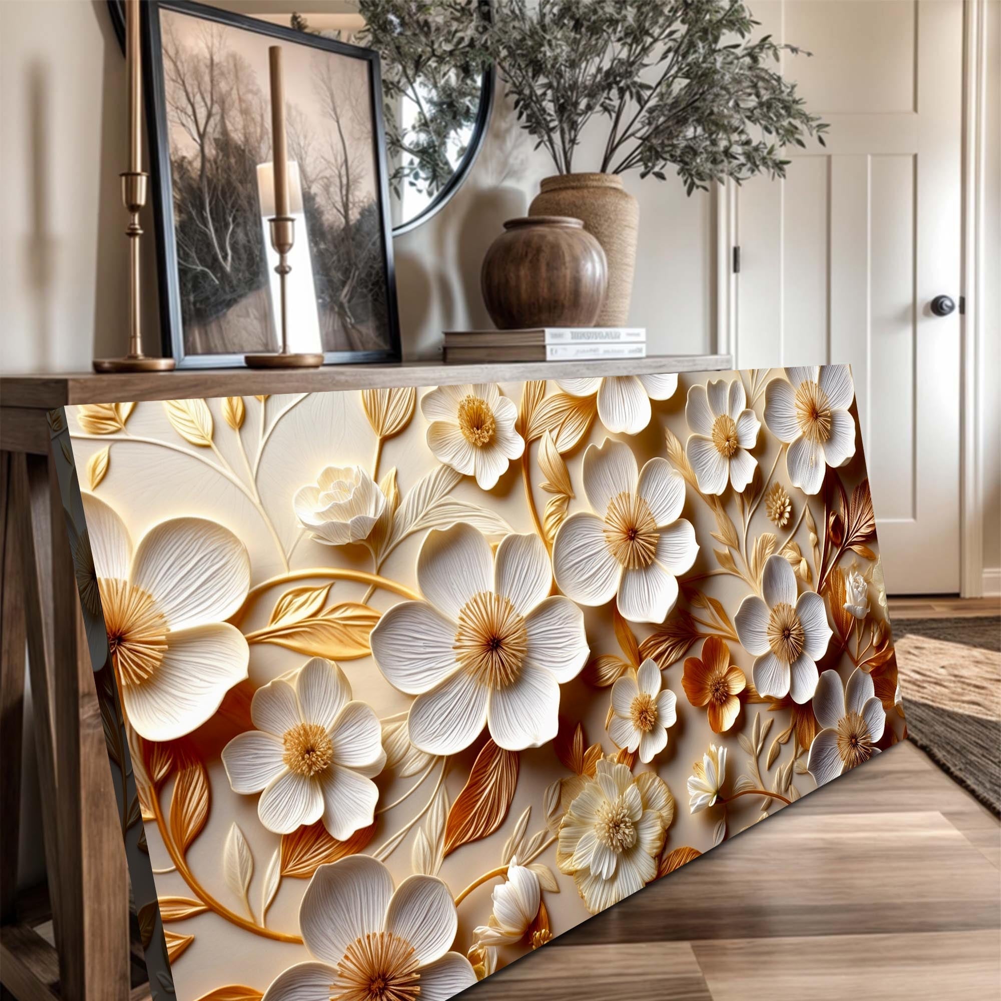 White And Golden Blooms Impasto Wall Art on sale at MyriadMart