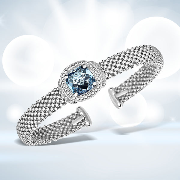 Popcorn Texture Cuff Bangle with Blue Topaz and Diamonds in Sterling Silver on sale at MyriadMart